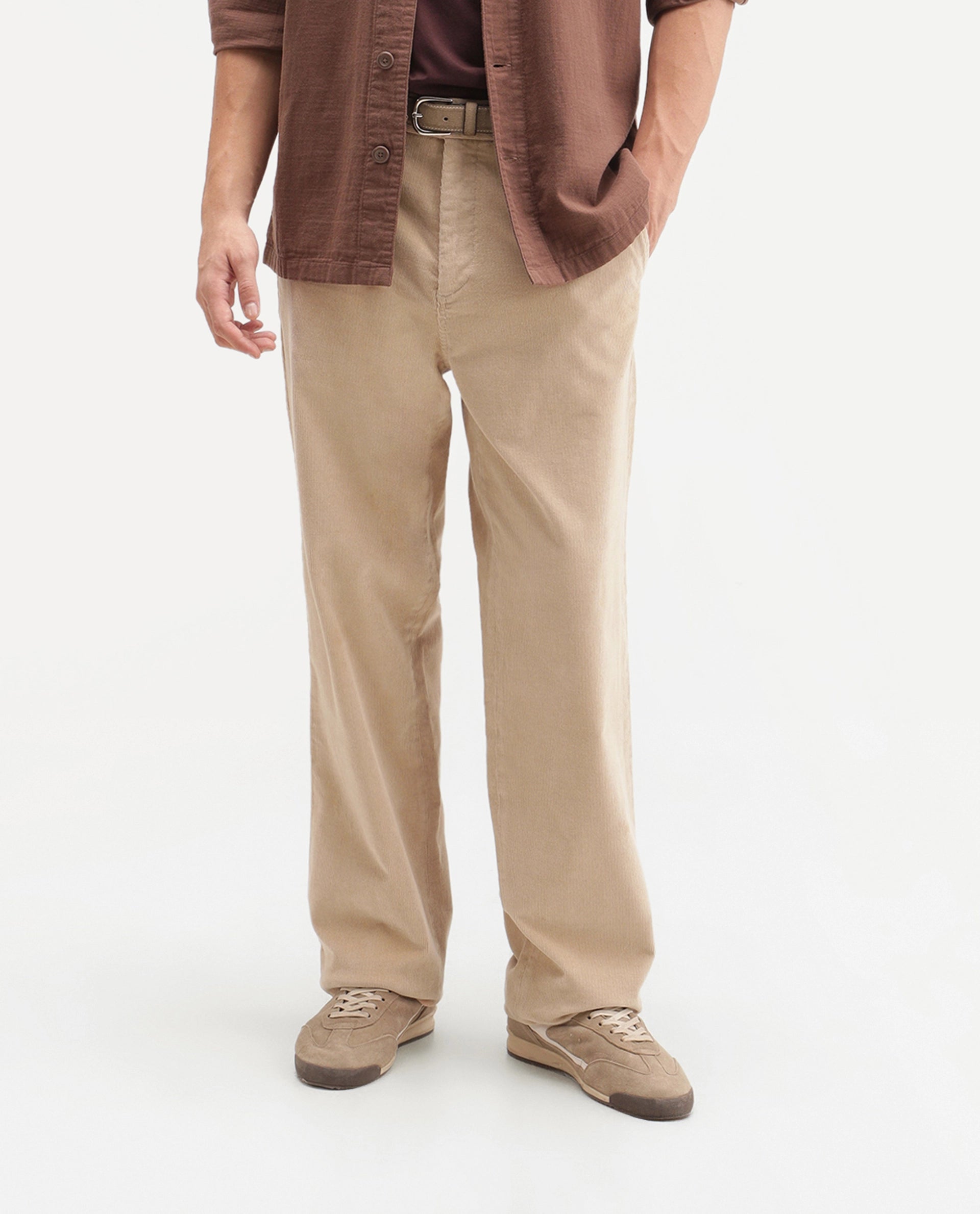 Rare Rabbit Men's Cordo Primary Off White Cotton Blend Button And Zip Regular Plain Trouser