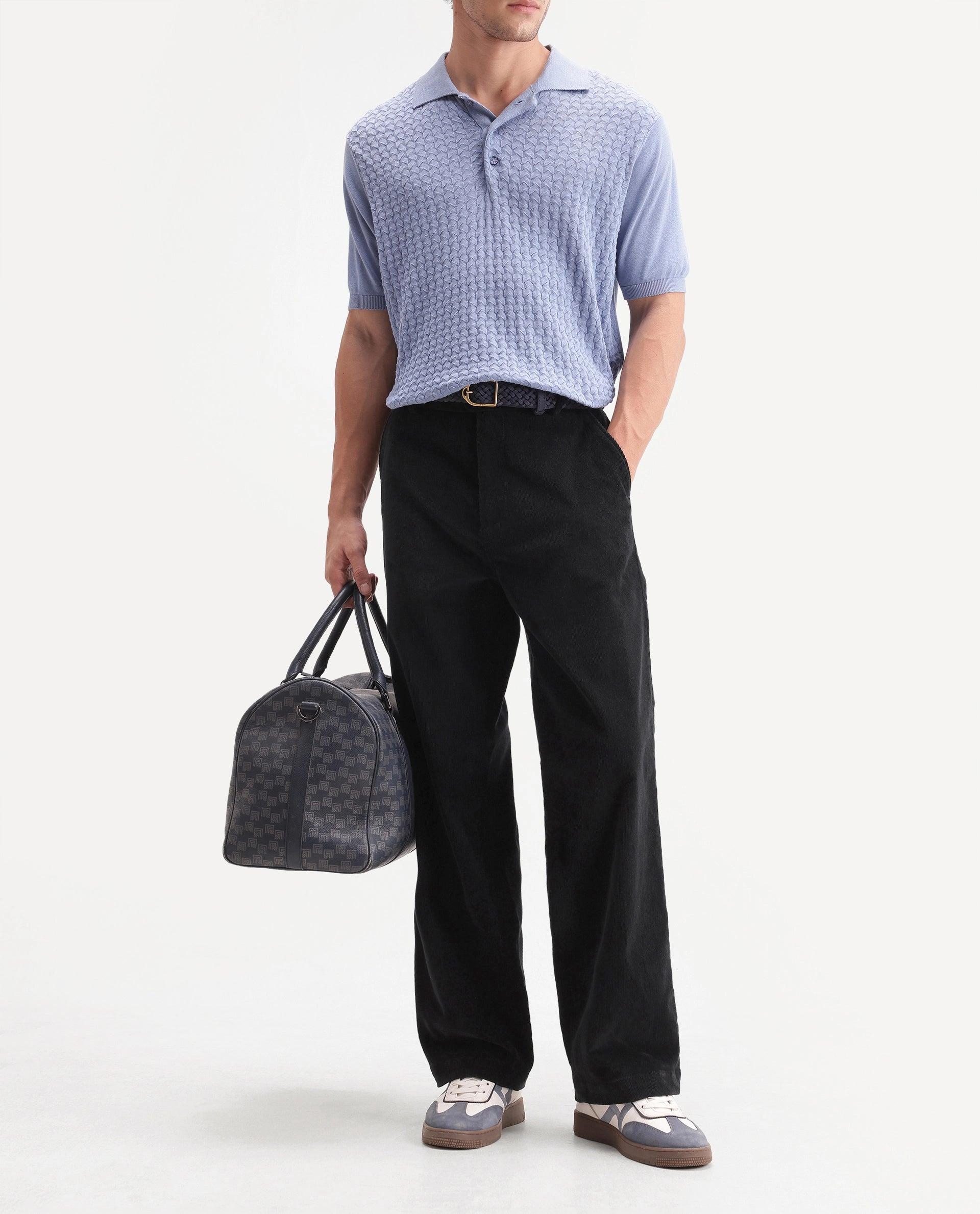 Rare Rabbit Men's Cordo Primary Black Cotton Blend Button And Zip Regular Plain Trouser