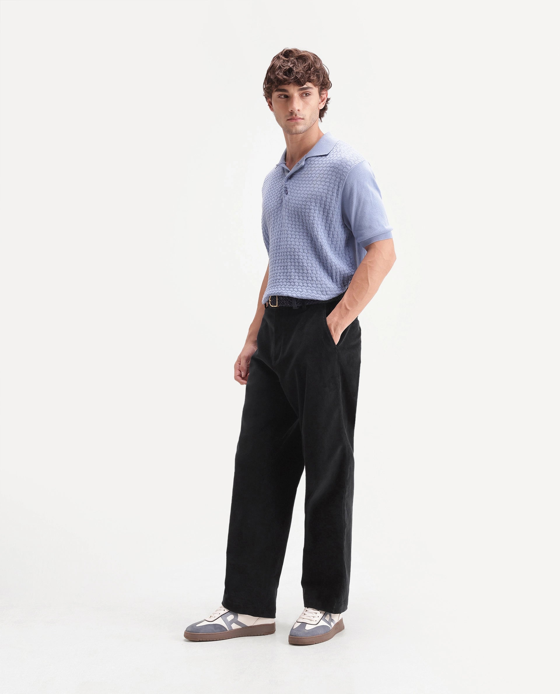 Rare Rabbit Men's Cordo Primary Black Cotton Blend Button And Zip Regular Plain Trouser