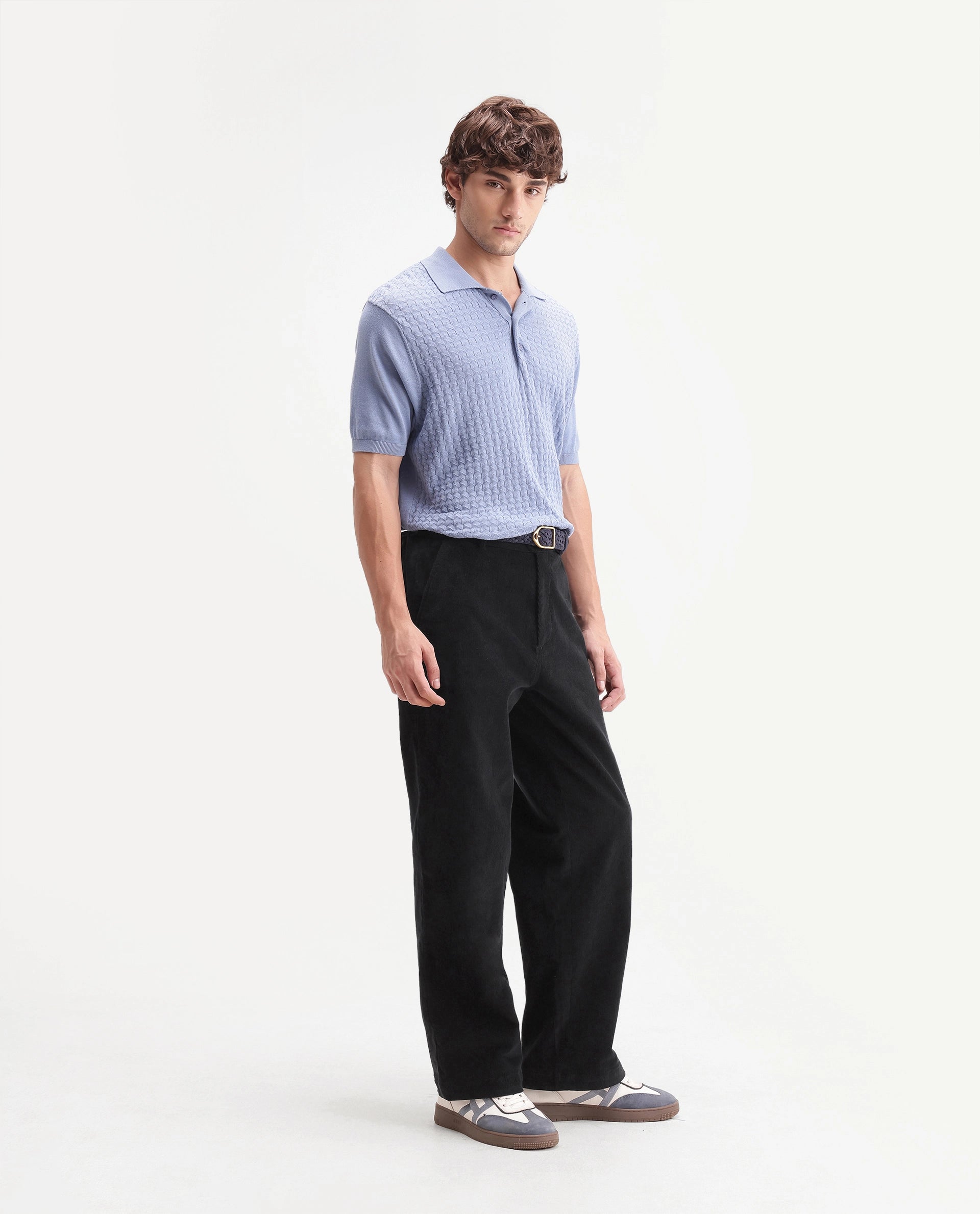 Rare Rabbit Men's Cordo Primary Black Cotton Blend Button And Zip Regular Plain Trouser
