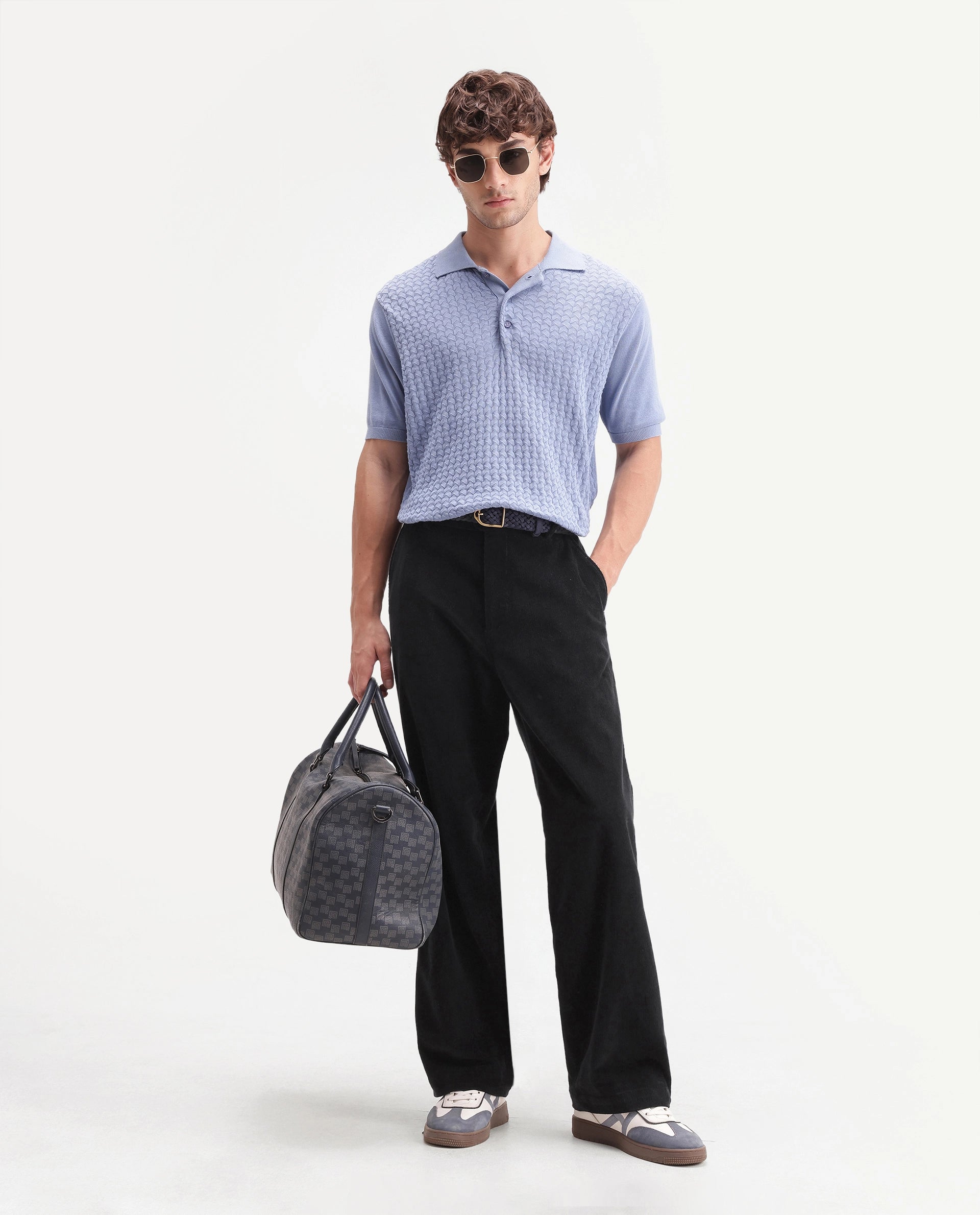 Rare Rabbit Men's Cordo Primary Black Cotton Blend Button And Zip Regular Plain Trouser