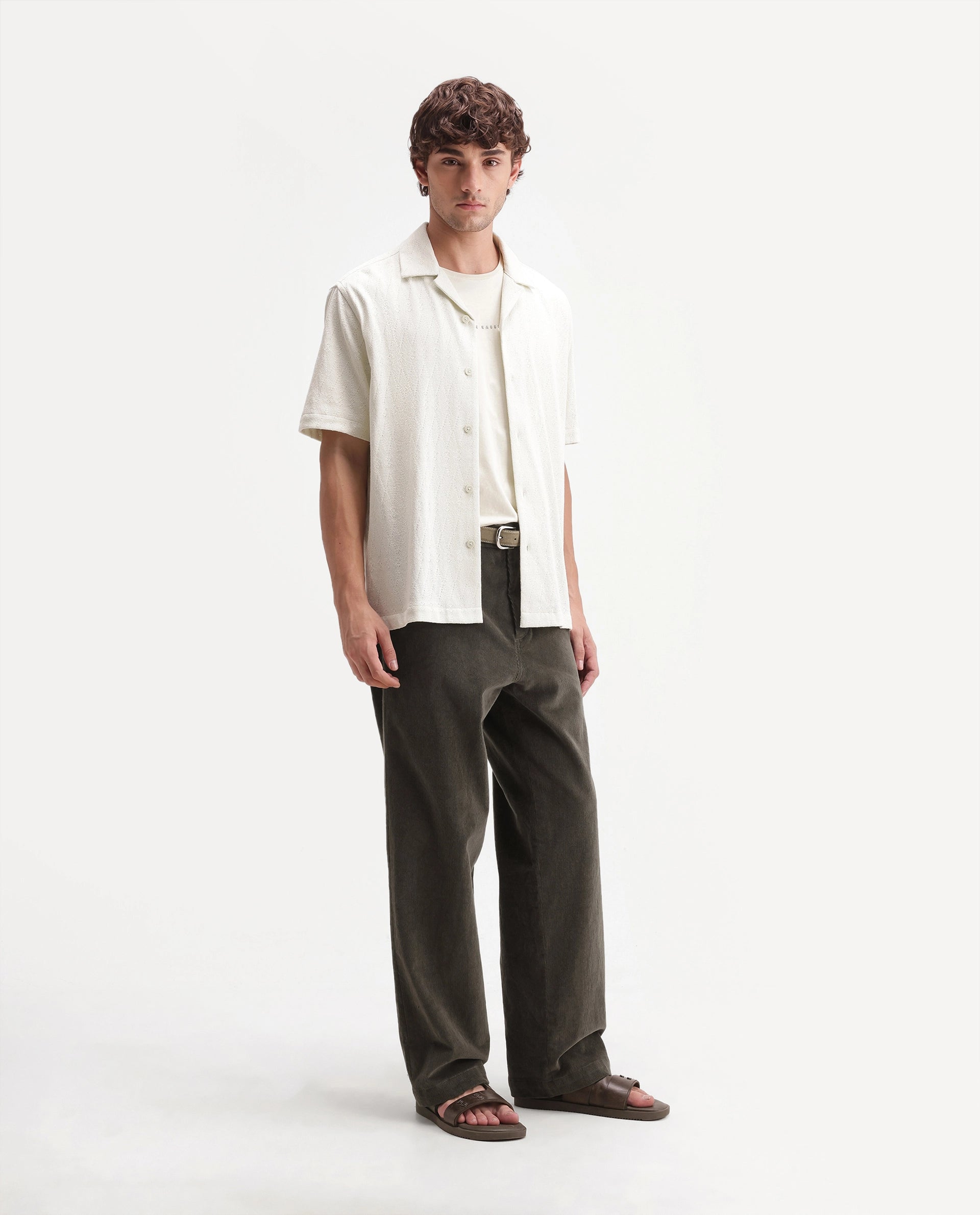Rare Rabbit Men's Cordo Primary Olive Cotton Blend Button And Zip Regular Plain Trouser