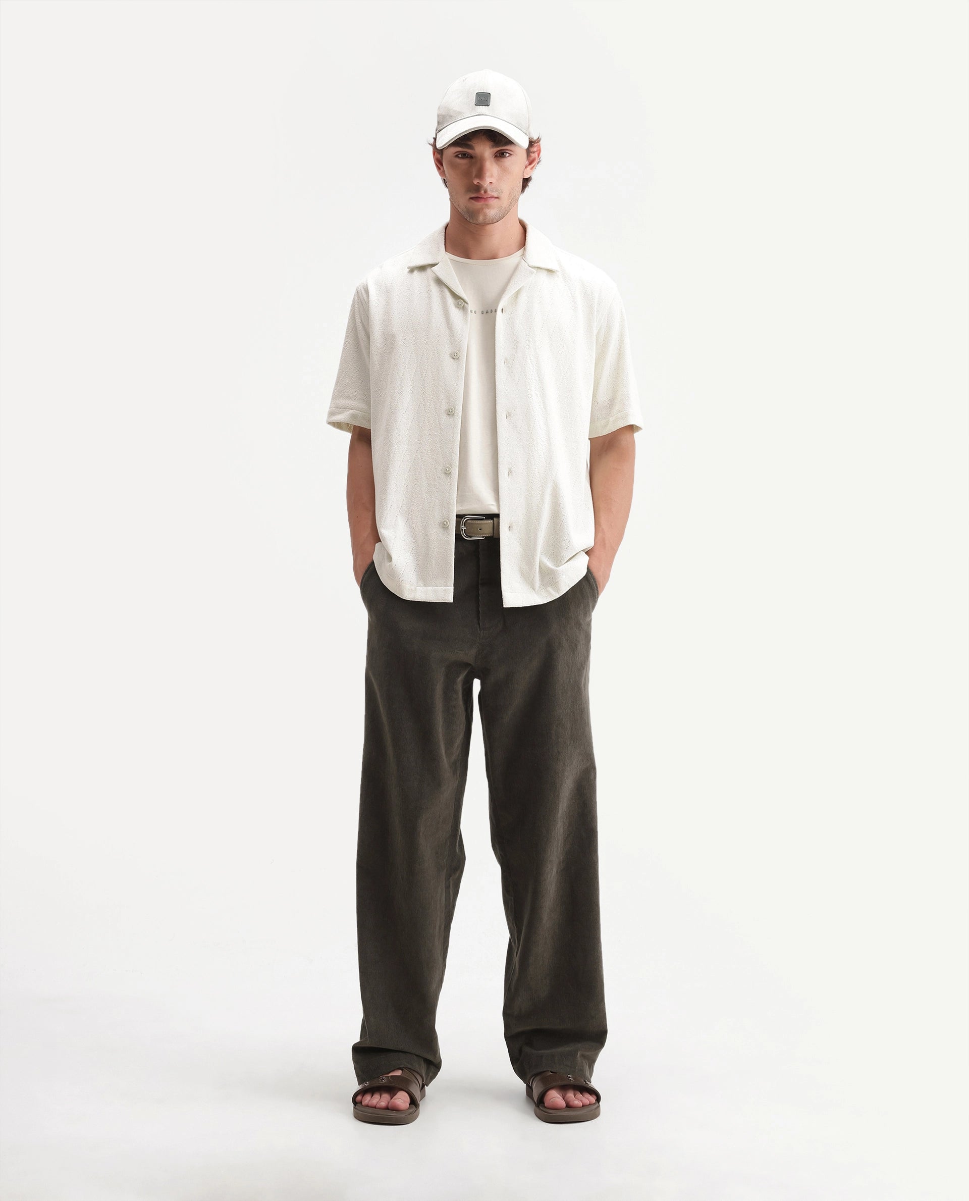 Rare Rabbit Men's Cordo Primary Olive Cotton Blend Button And Zip Regular Plain Trouser