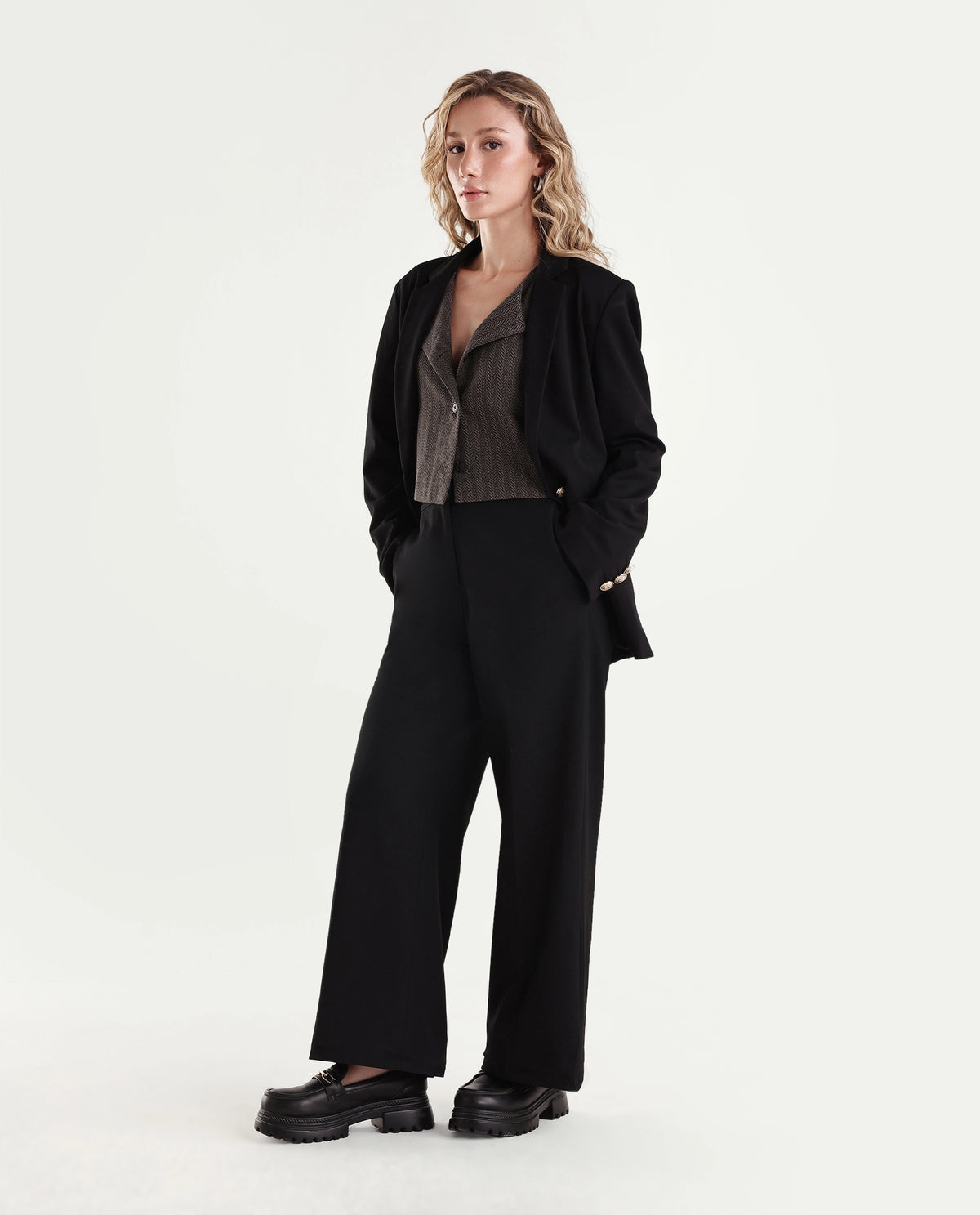 Rareism Women's Widraw Primary Black Polyester Blend Button And Zip Wide Leg Plain Trouser