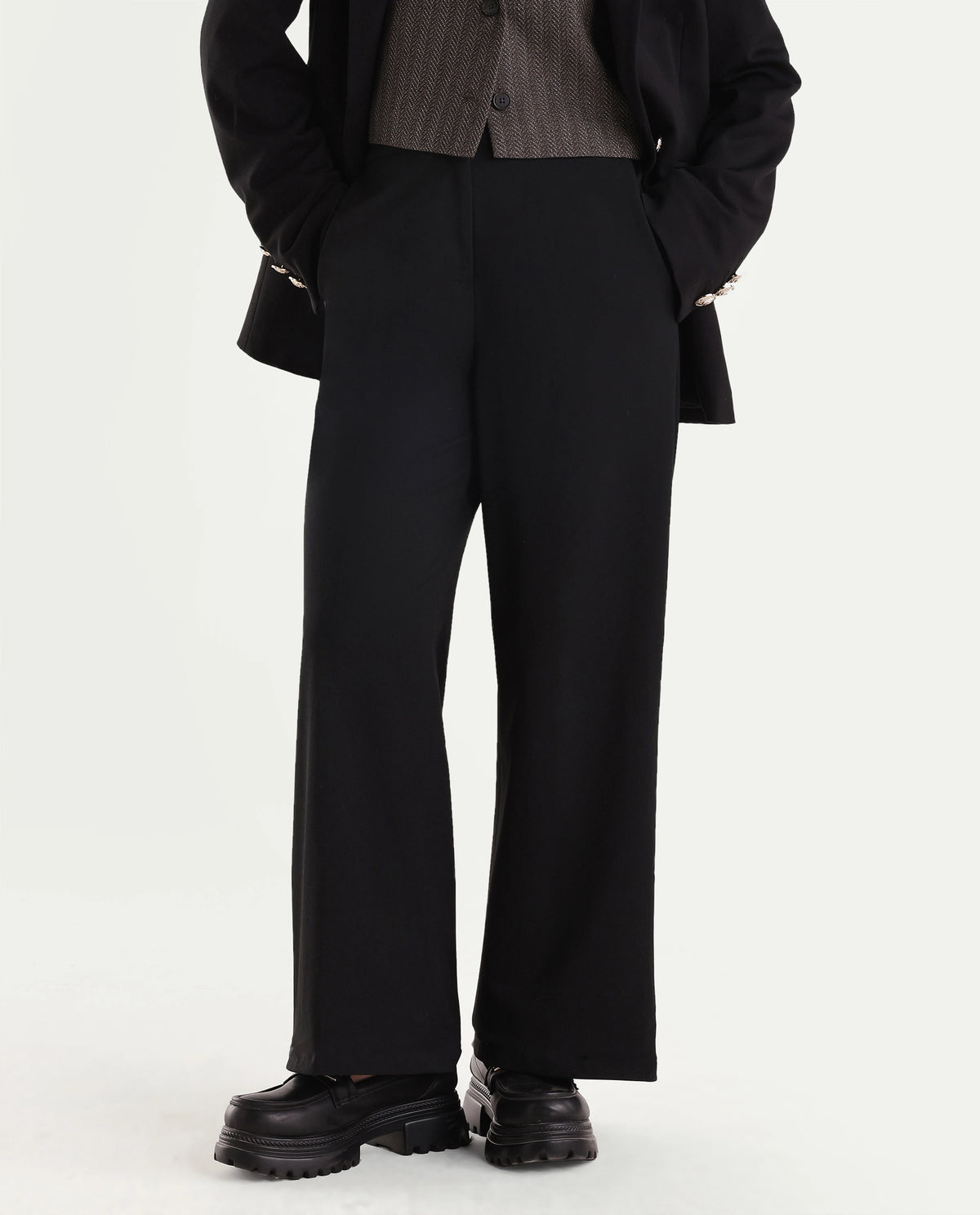 Rareism Women's Widraw Primary Black Polyester Blend Button And Zip Wide Leg Plain Trouser