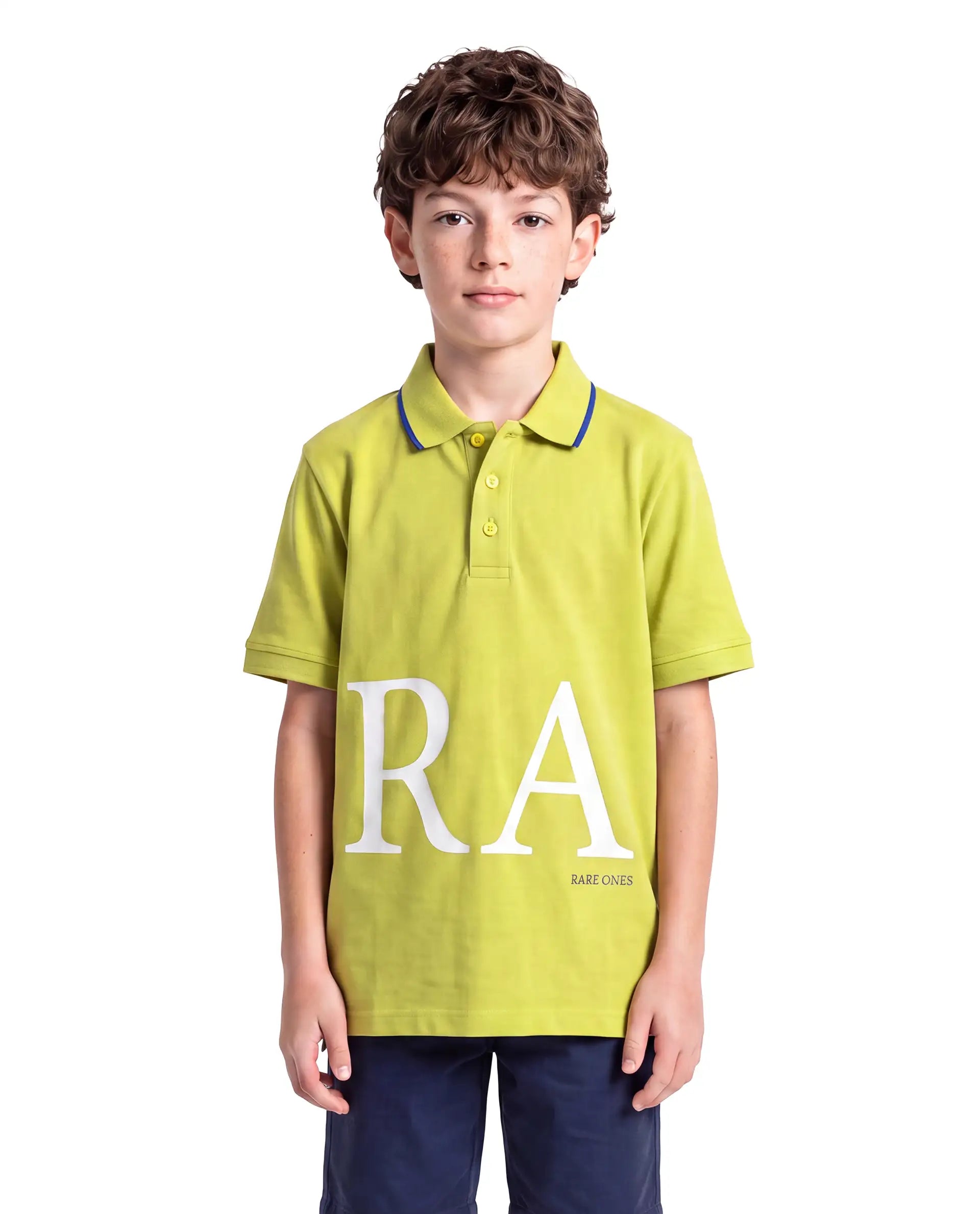 Rare Ones Kids Rovon Fluorescent Yellow Cotton Blend Fabric Button Closure Regular Fit Graphic Print Polo
