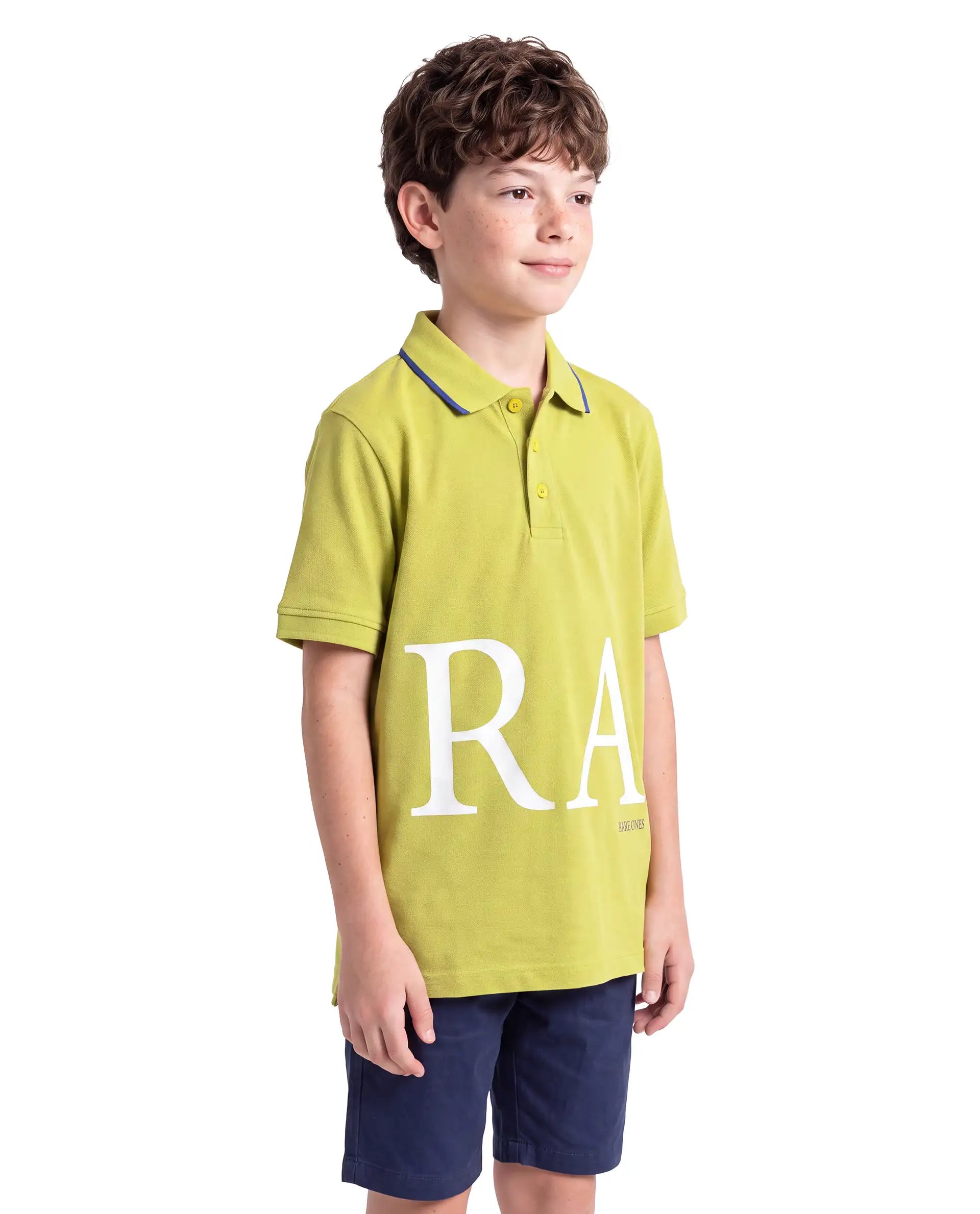 Rare Ones Kids Rovon Fluorescent Yellow Cotton Blend Fabric Button Closure Regular Fit Graphic Print Polo