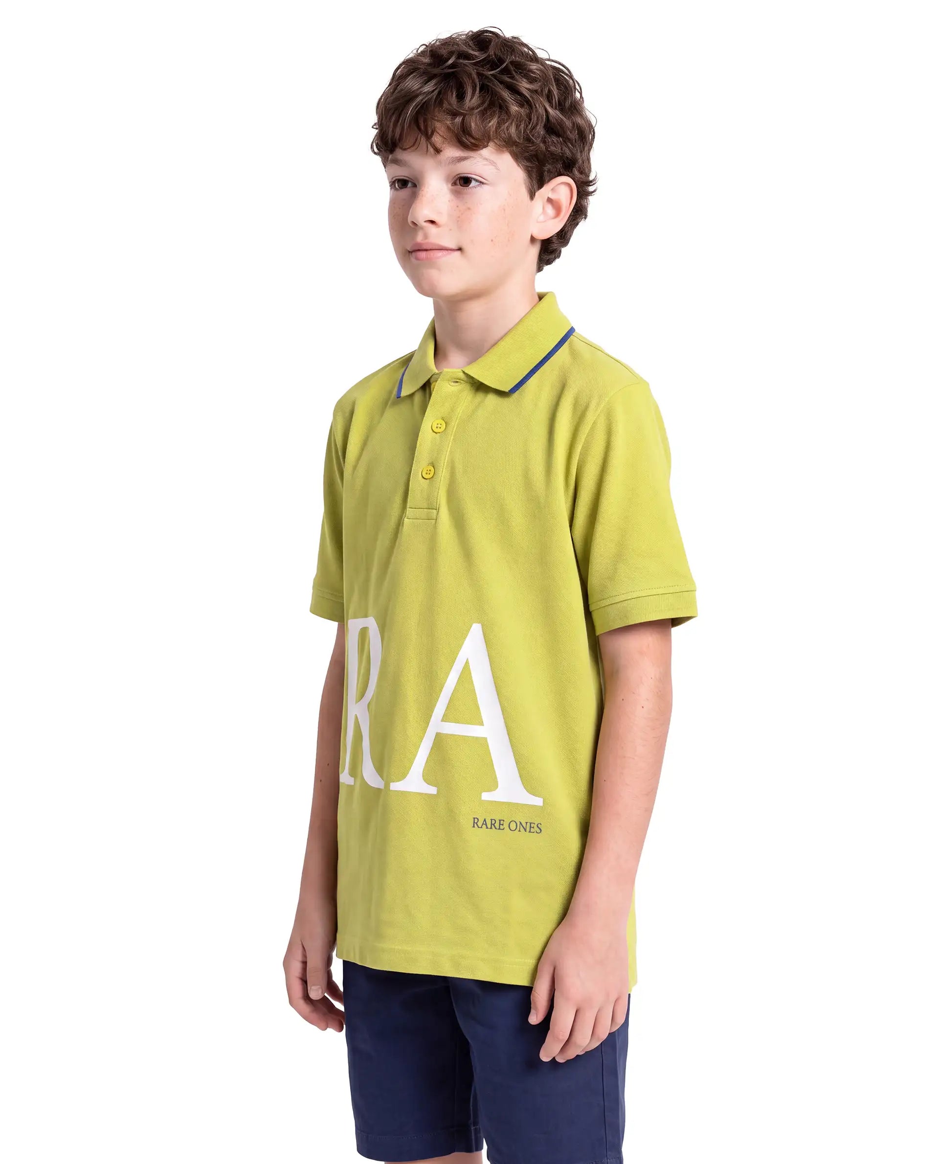 Rare Ones Kids Rovon Fluorescent Yellow Cotton Blend Fabric Button Closure Regular Fit Graphic Print Polo