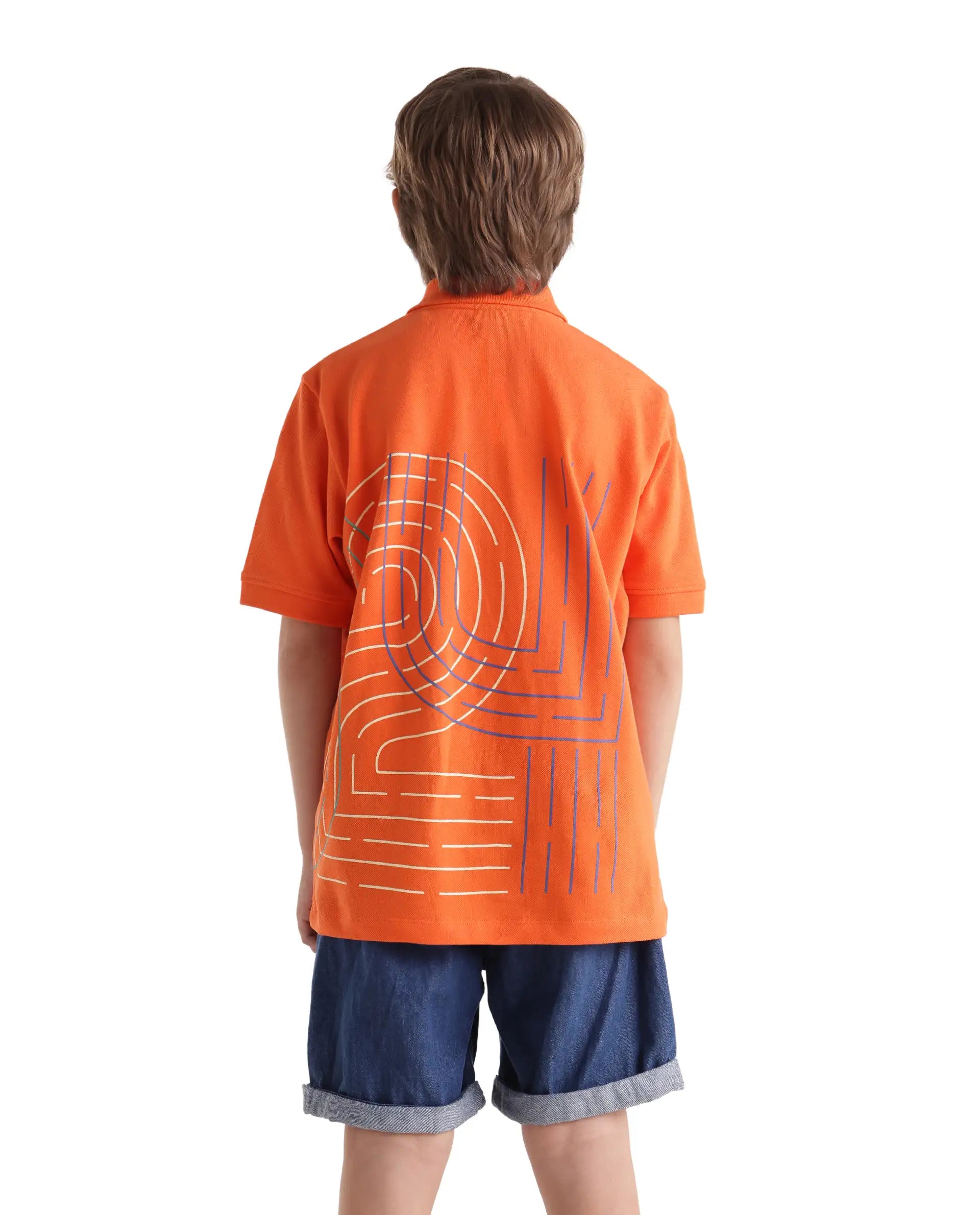 Rare Ones Kids Haus Orange Cotton Blend Fabric Button Closure Regular Fit Graphic Print Polo