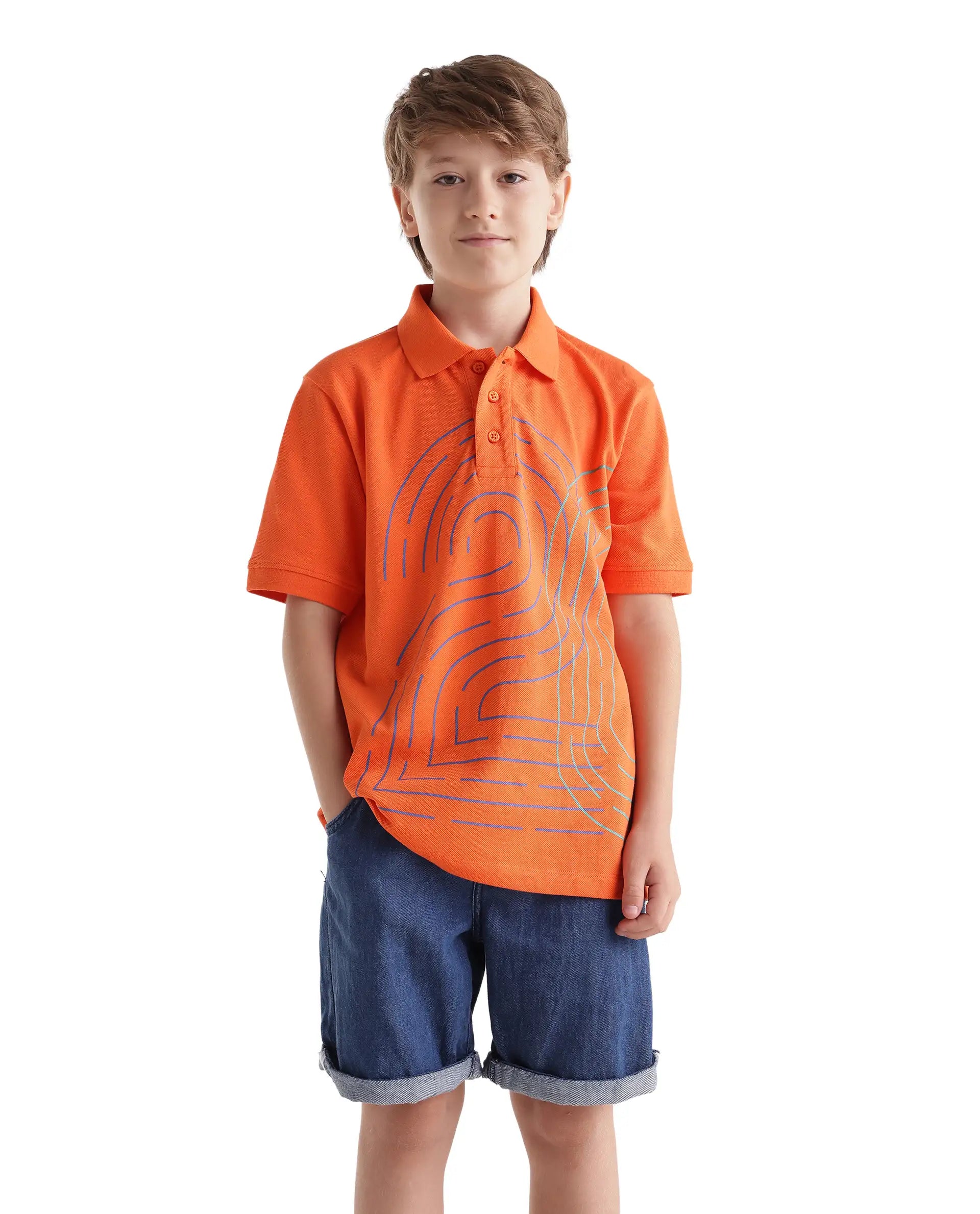 Rare Ones Kids Haus Orange Cotton Blend Fabric Button Closure Regular Fit Graphic Print Polo