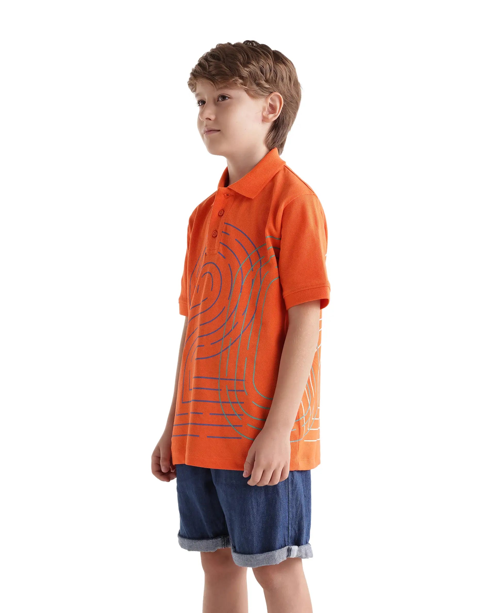 Rare Ones Kids Haus Orange Cotton Blend Fabric Button Closure Regular Fit Graphic Print Polo