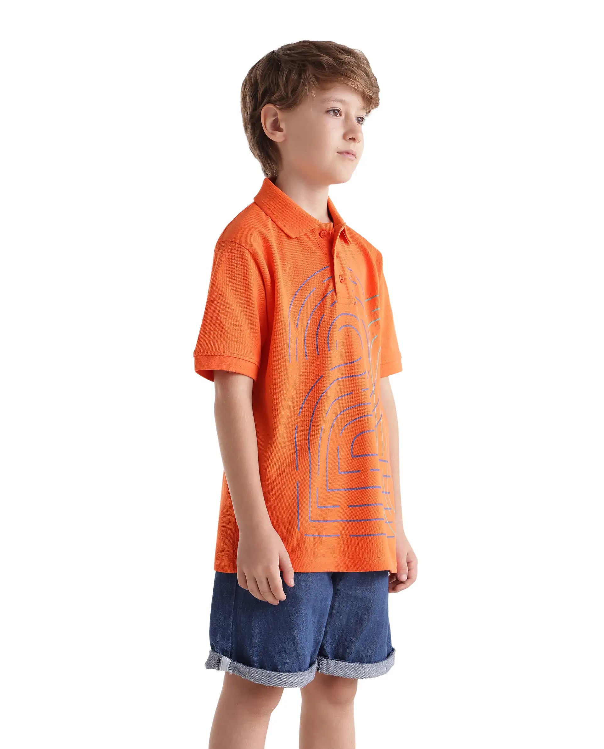 Rare Ones Kids Haus Orange Cotton Blend Fabric Button Closure Regular Fit Graphic Print Polo