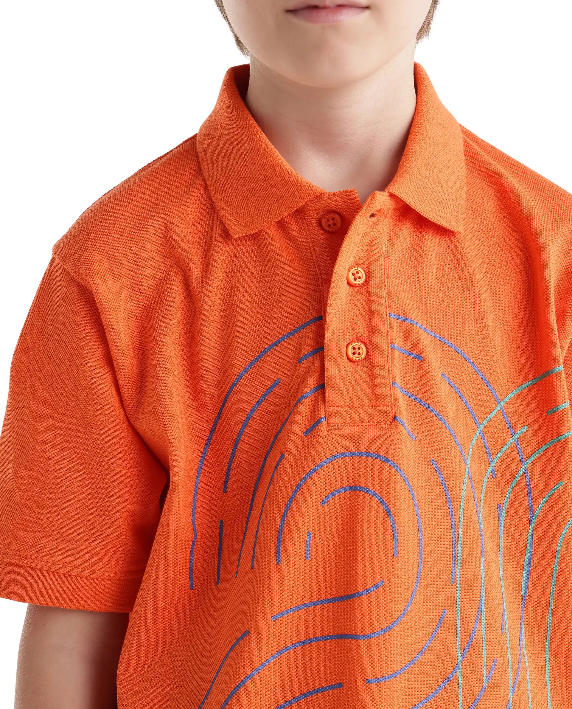 Rare Ones Kids Haus Orange Cotton Blend Fabric Button Closure Regular Fit Graphic Print Polo