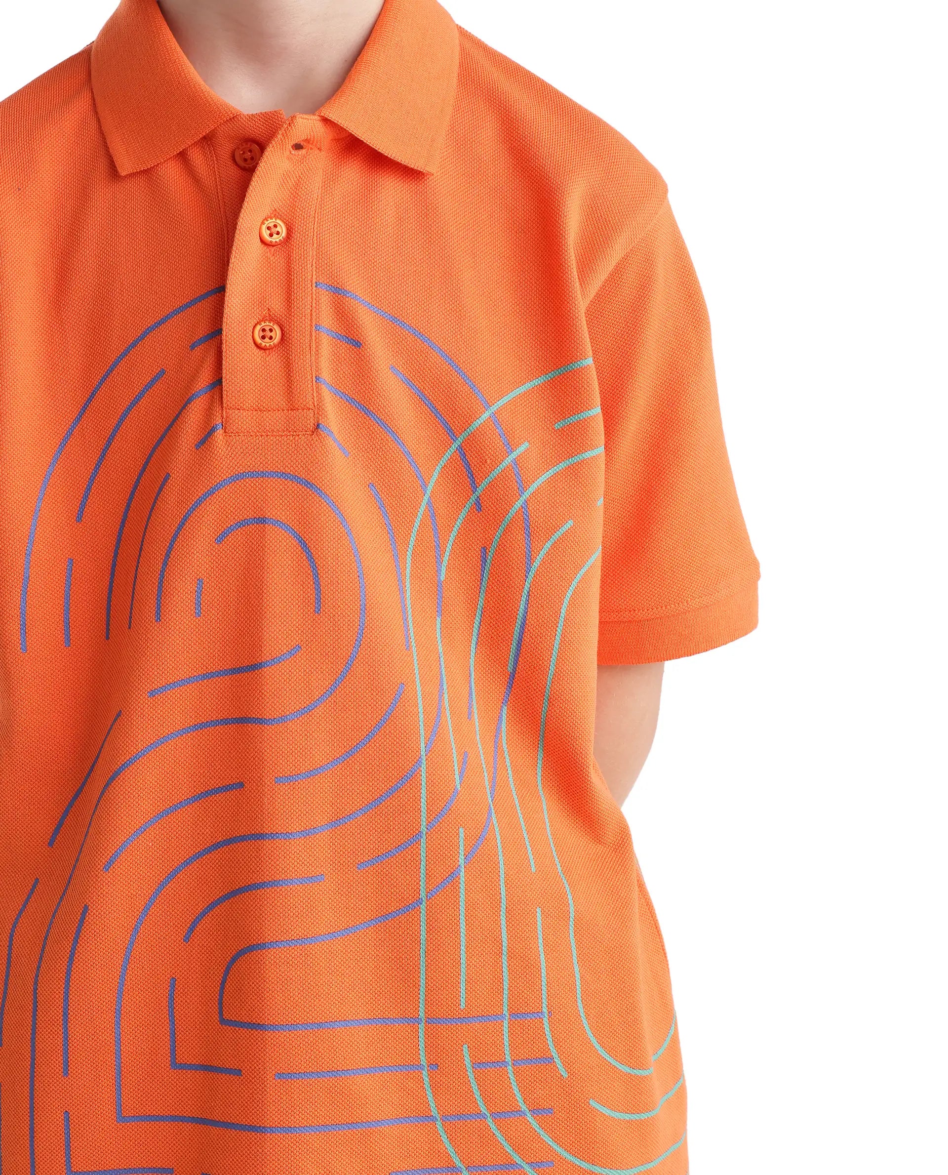 Rare Ones Kids Haus Orange Cotton Blend Fabric Button Closure Regular Fit Graphic Print Polo