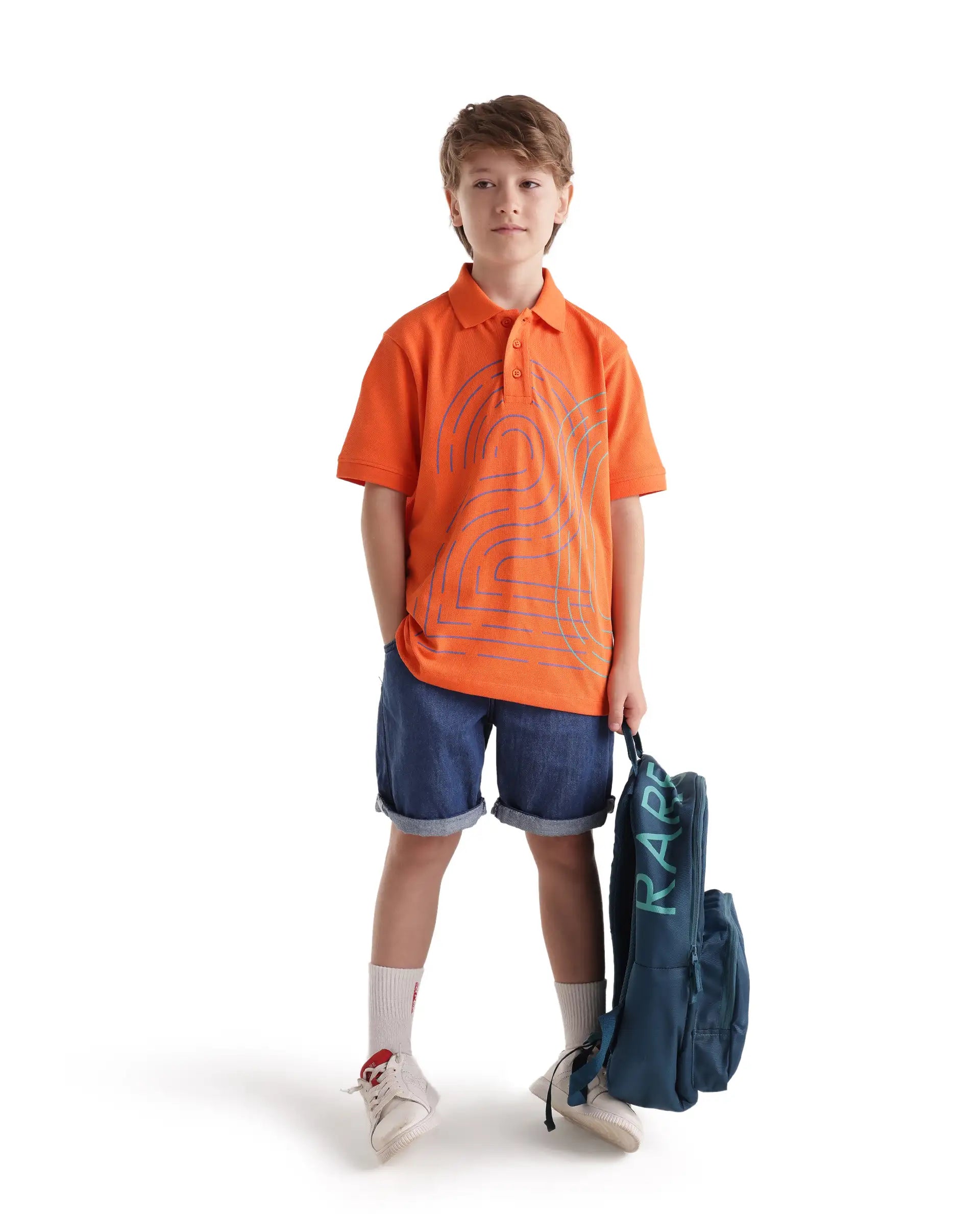 Rare Ones Kids Haus Orange Cotton Blend Fabric Button Closure Regular Fit Graphic Print Polo