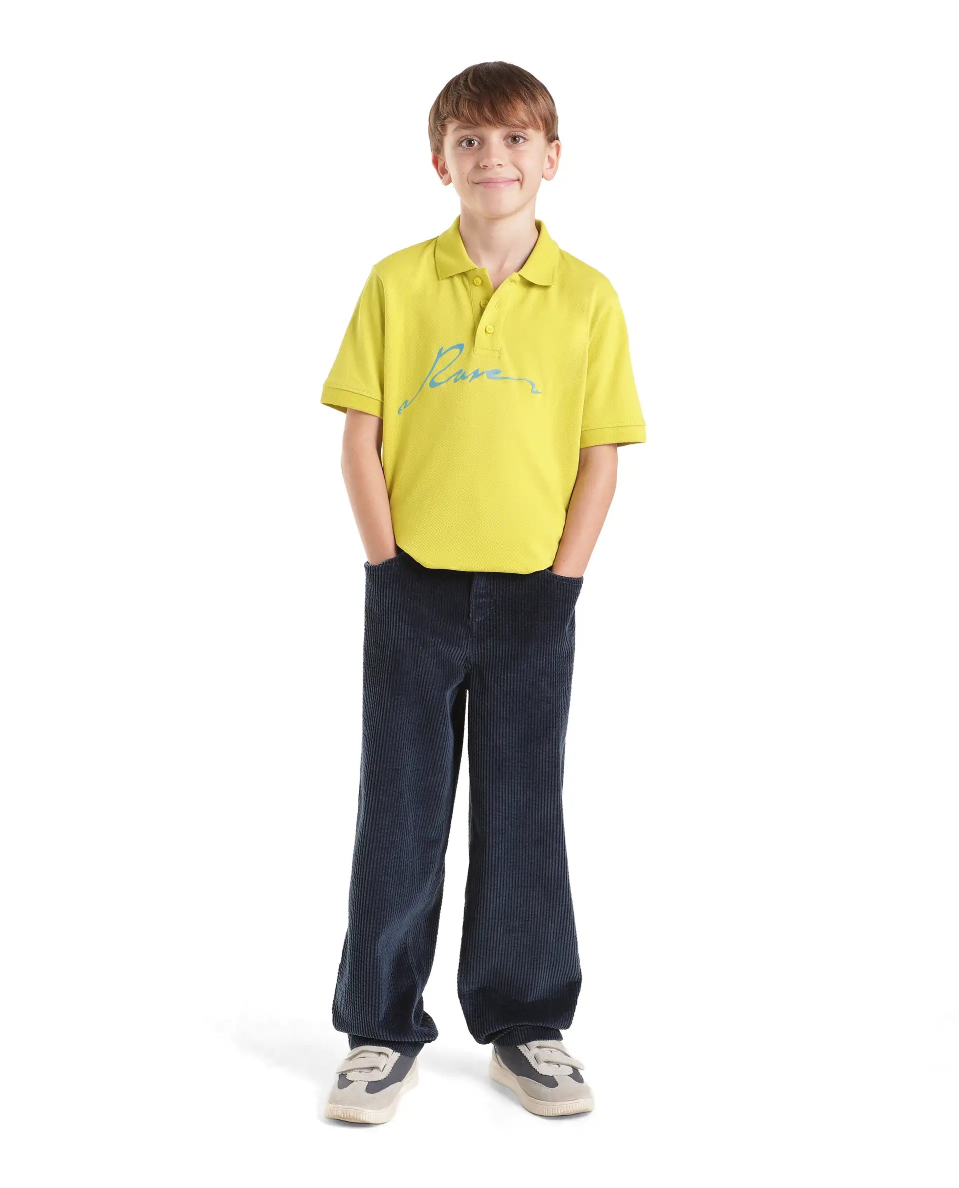 Rare Ones Kids Aviro Fluorescent Yellow Cotton Blend Fabric Button Closure Regular Fit Graphic Print Polo