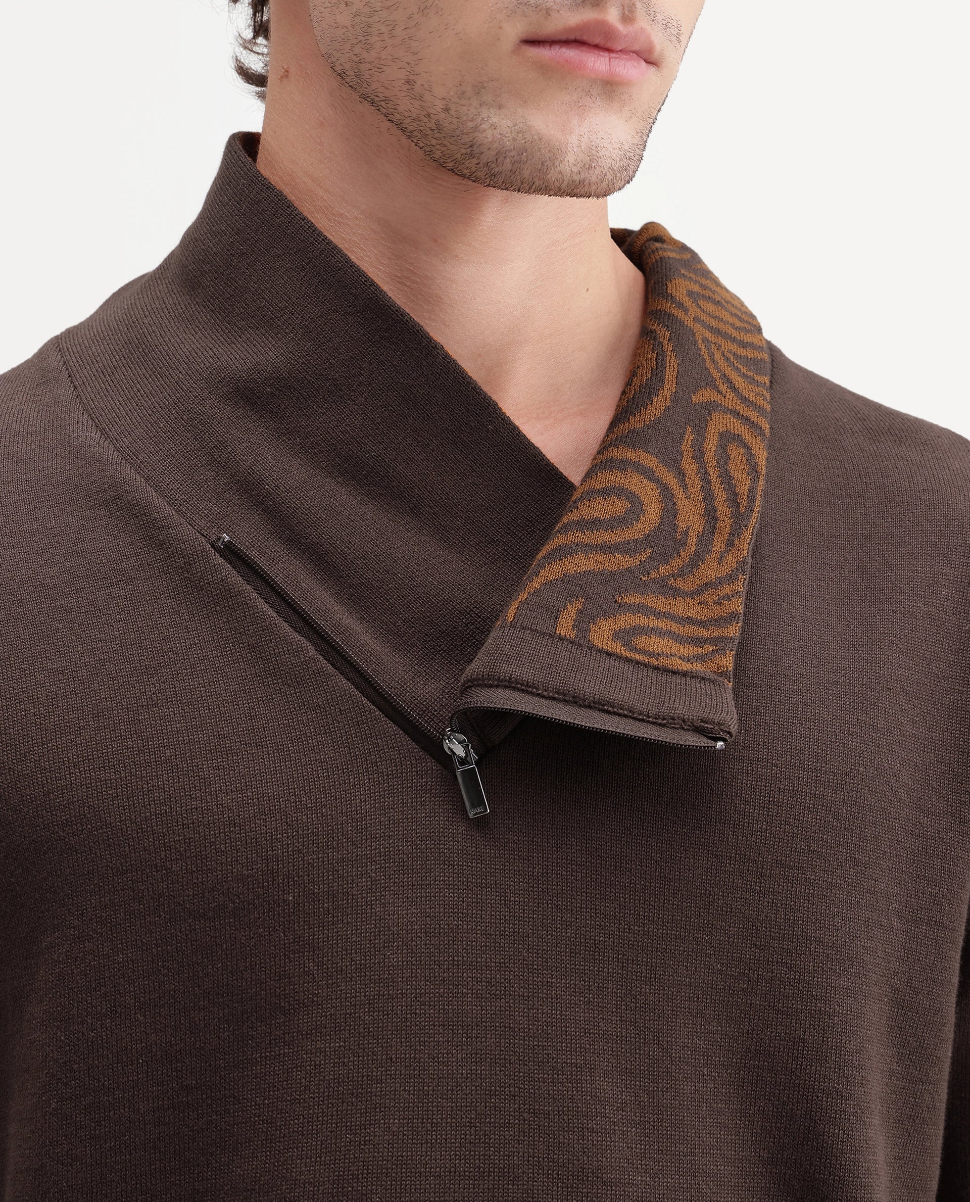 Rare Rabbit Men's Denver-A26 Brown Cotton Zipper Regular Fit Paisley Print Sweater