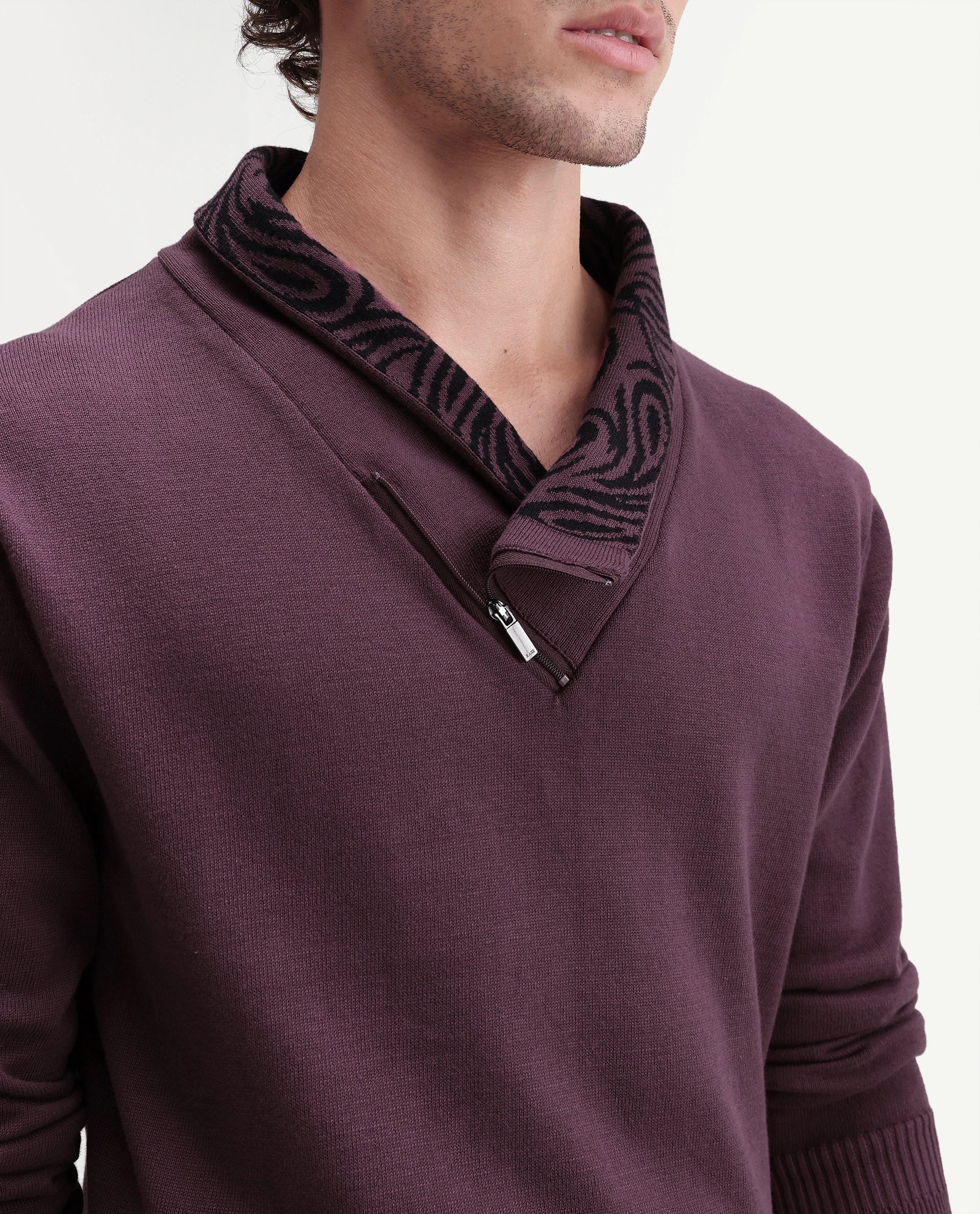 Rare Rabbit Men's Denver-A26 Dusky Purple Cotton Zipper Regular Fit Paisley Print Sweater