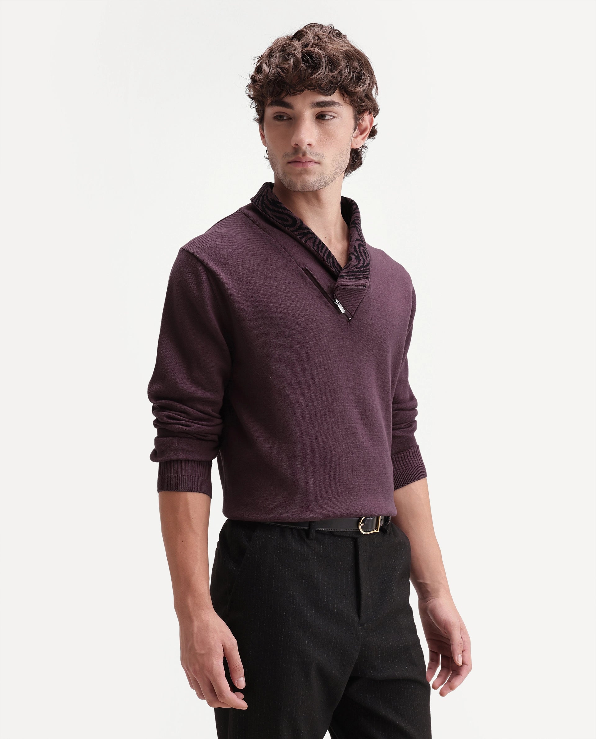 Rare Rabbit Men's Denver-A26 Dusky Purple Cotton Zipper Regular Fit Paisley Print Sweater