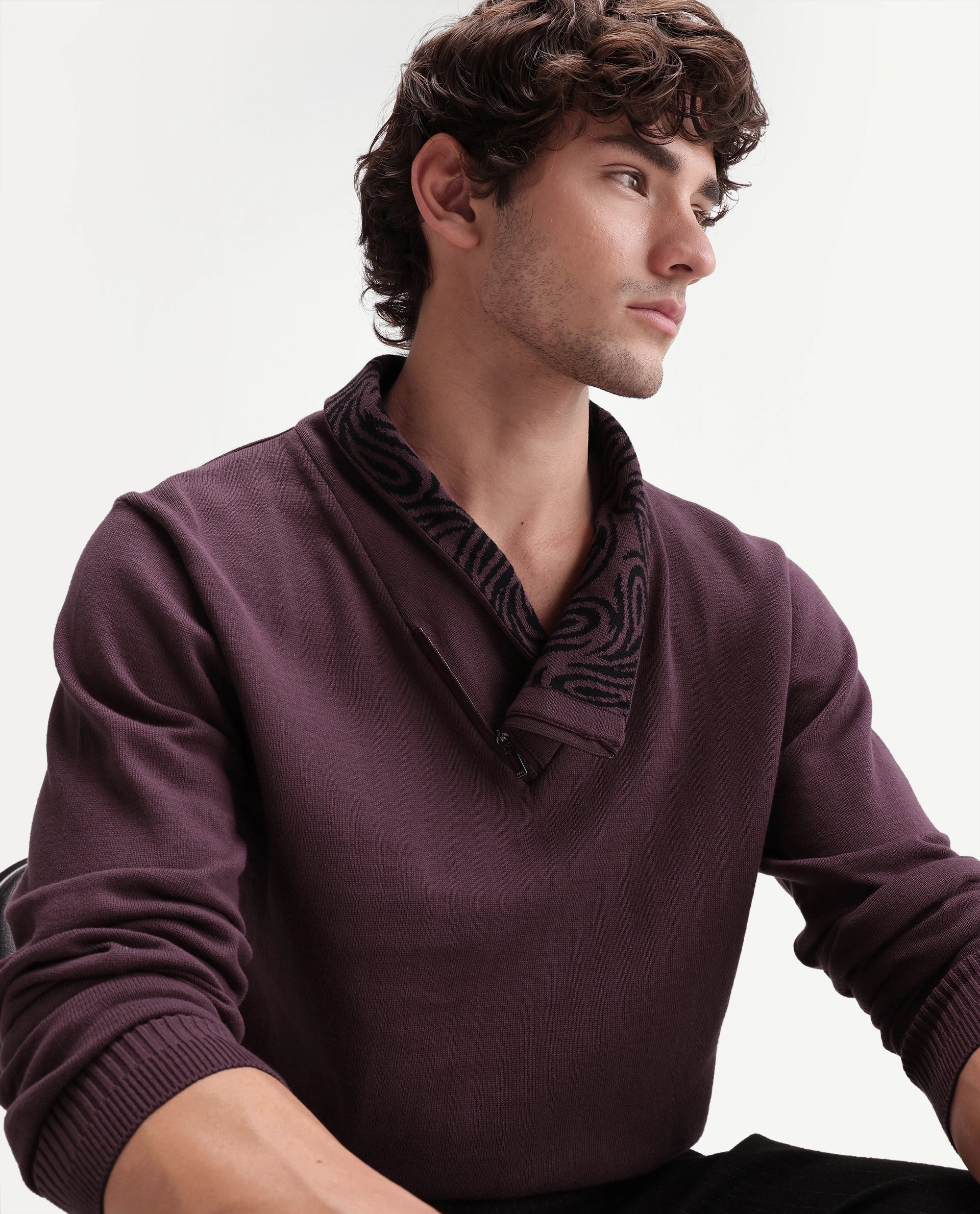 Rare Rabbit Men's Denver-A26 Dusky Purple Cotton Zipper Regular Fit Paisley Print Sweater