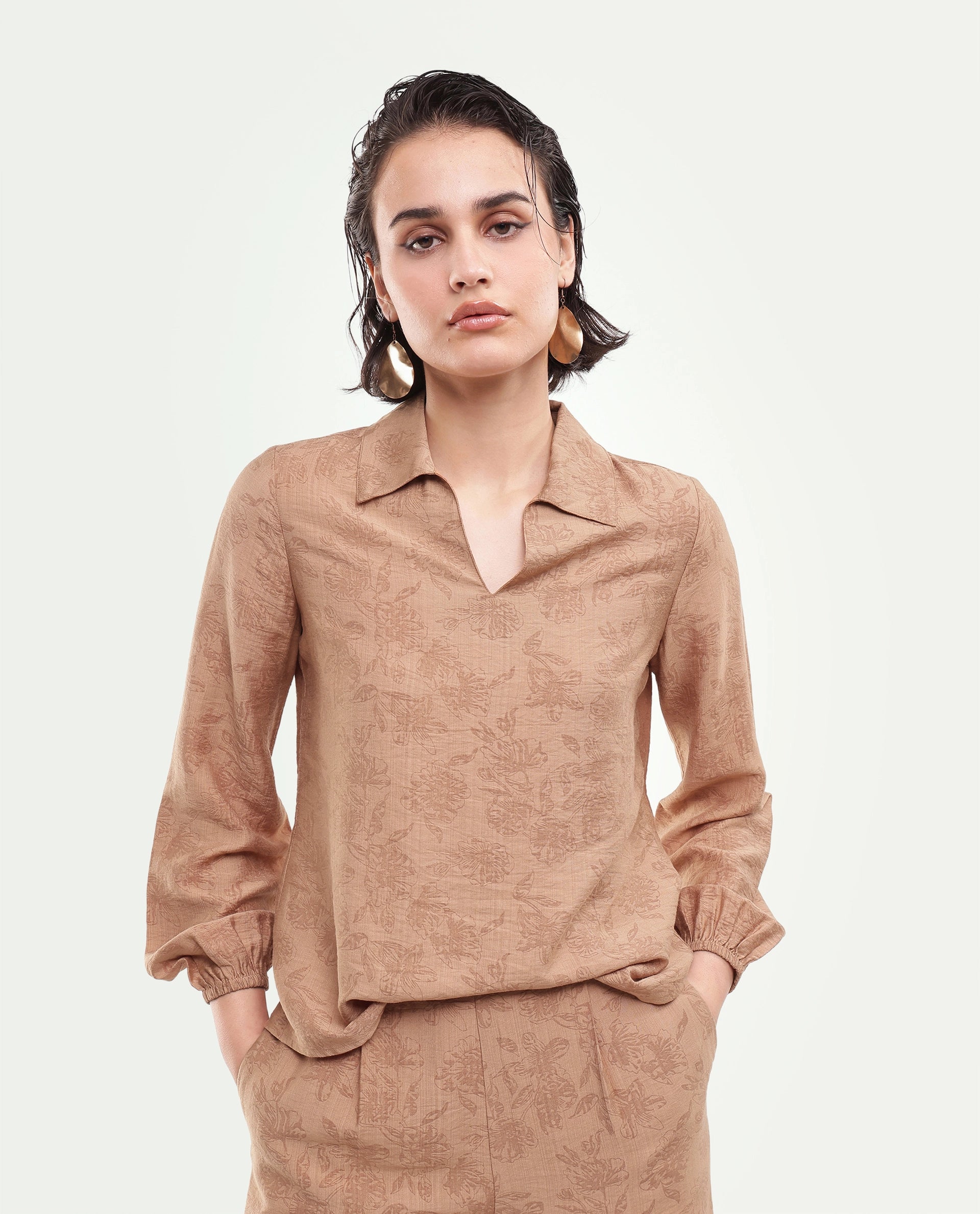 Rareism Women's Yev-T Light Brown Floral Viscose Blend Regular Long Sleeves Top