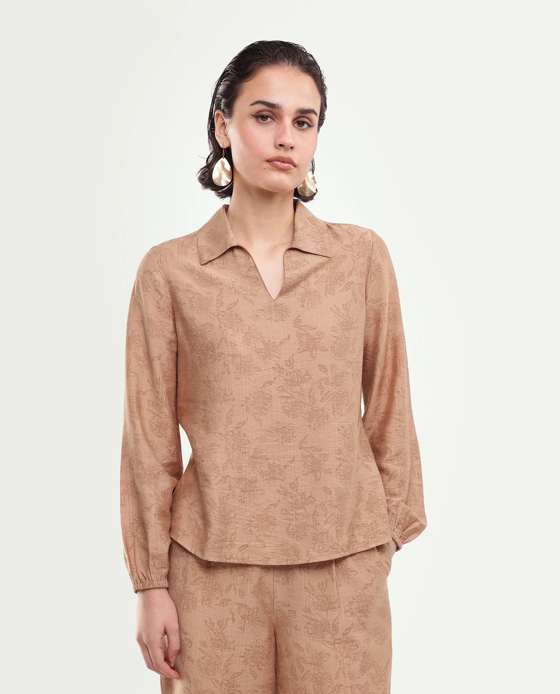 Rareism Women's Yev-T Light Brown Floral Viscose Blend Regular Long Sleeves Top