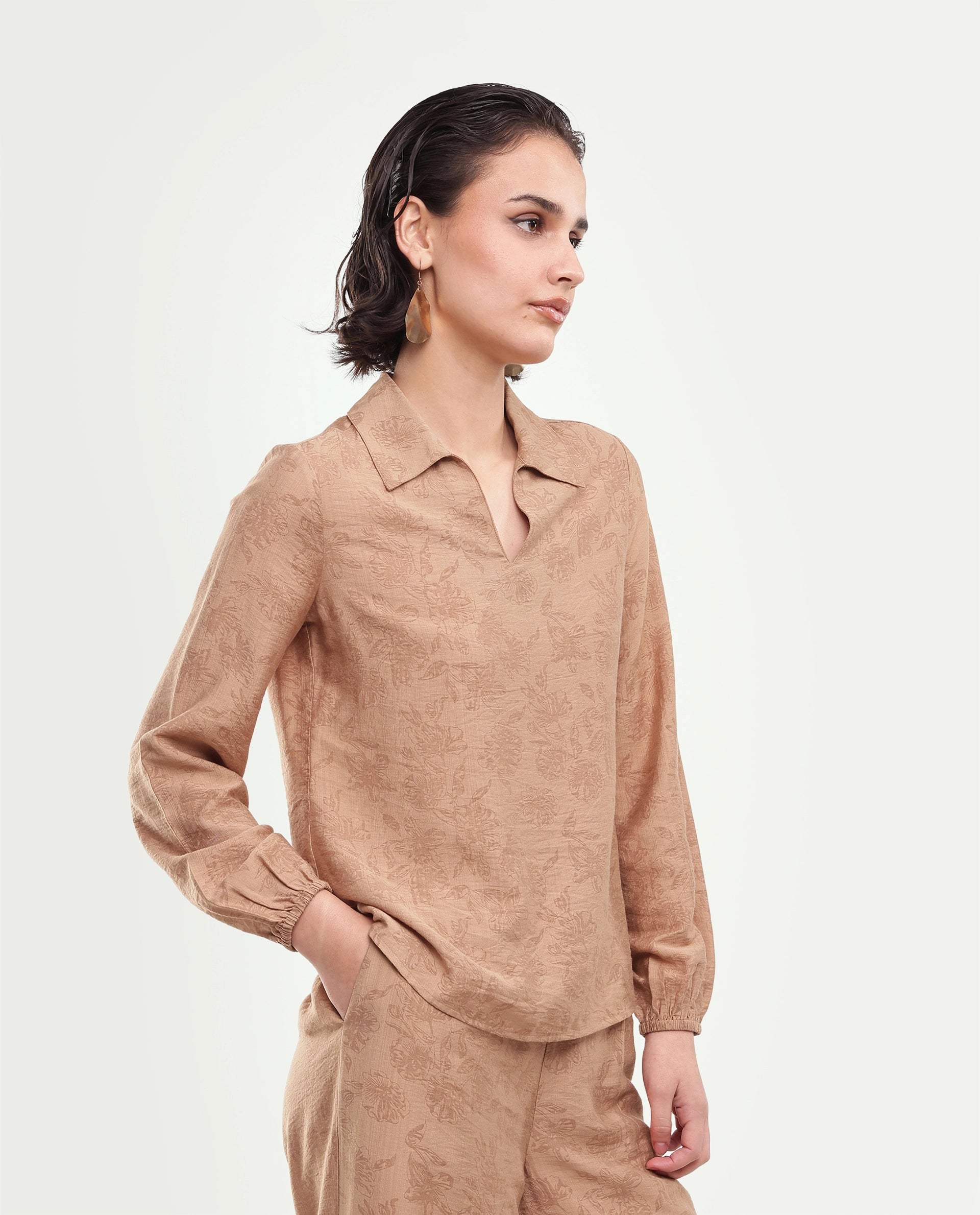 Rareism Women's Yev-T Light Brown Floral Viscose Blend Regular Long Sleeves Top