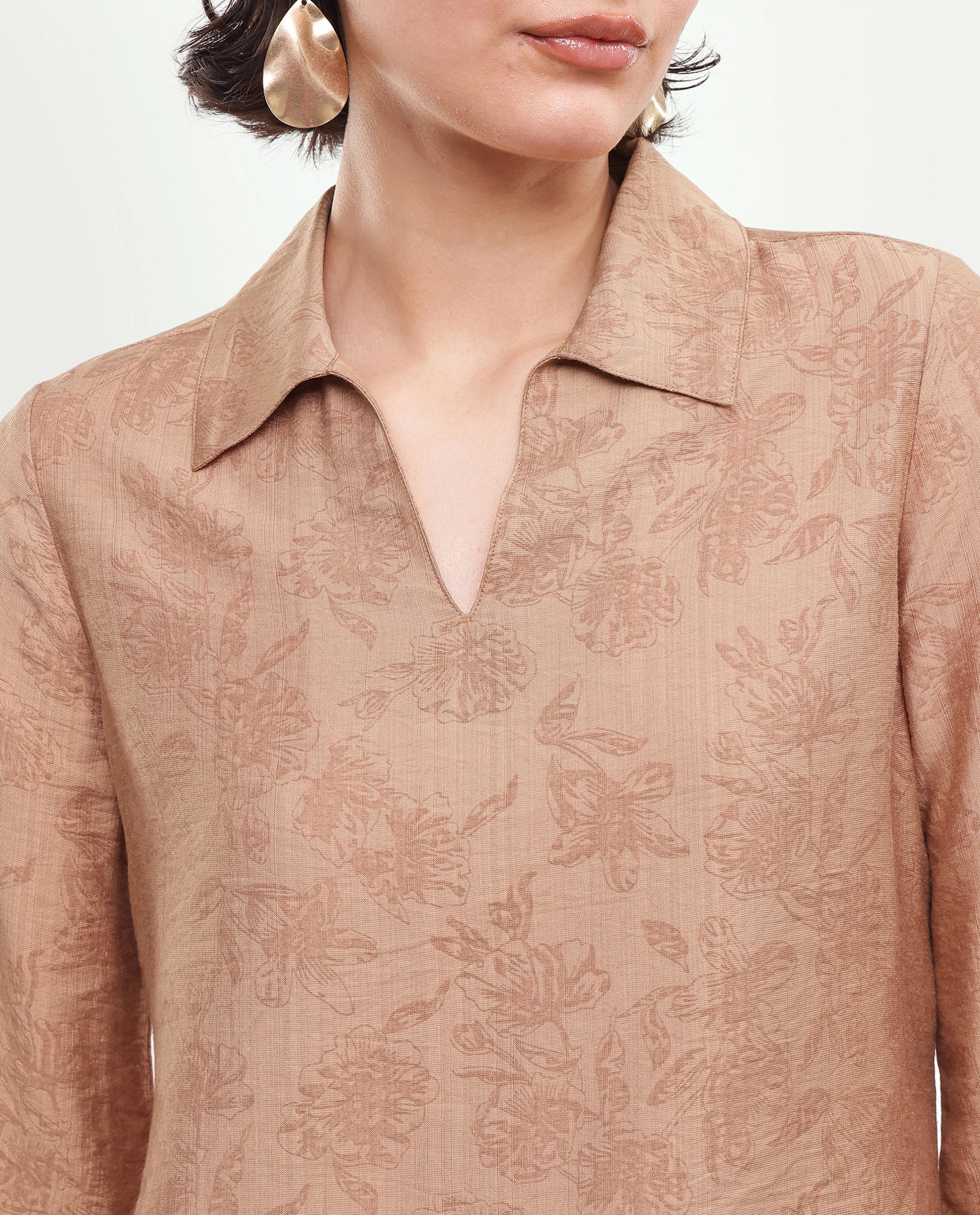 Rareism Women's Yev-T Light Brown Floral Viscose Blend Regular Long Sleeves Top