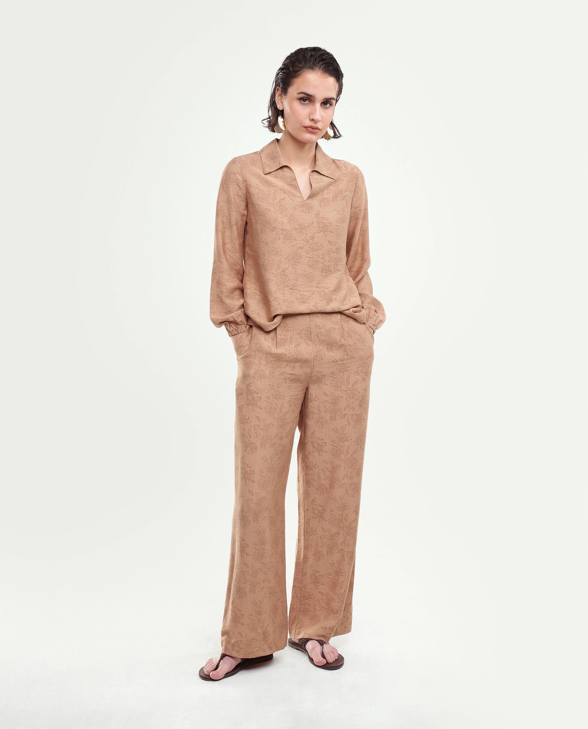 Rareism Women's Yev-T Light Brown Floral Viscose Blend Regular Long Sleeves Top