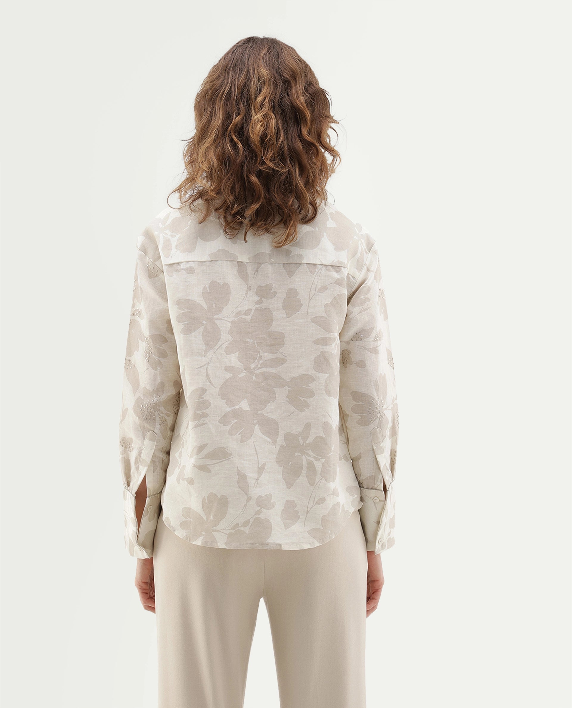 Rareism Women's Rubic Primary Beige Linen Blend Spread Collar Button Relaxed Floral Print Shirt