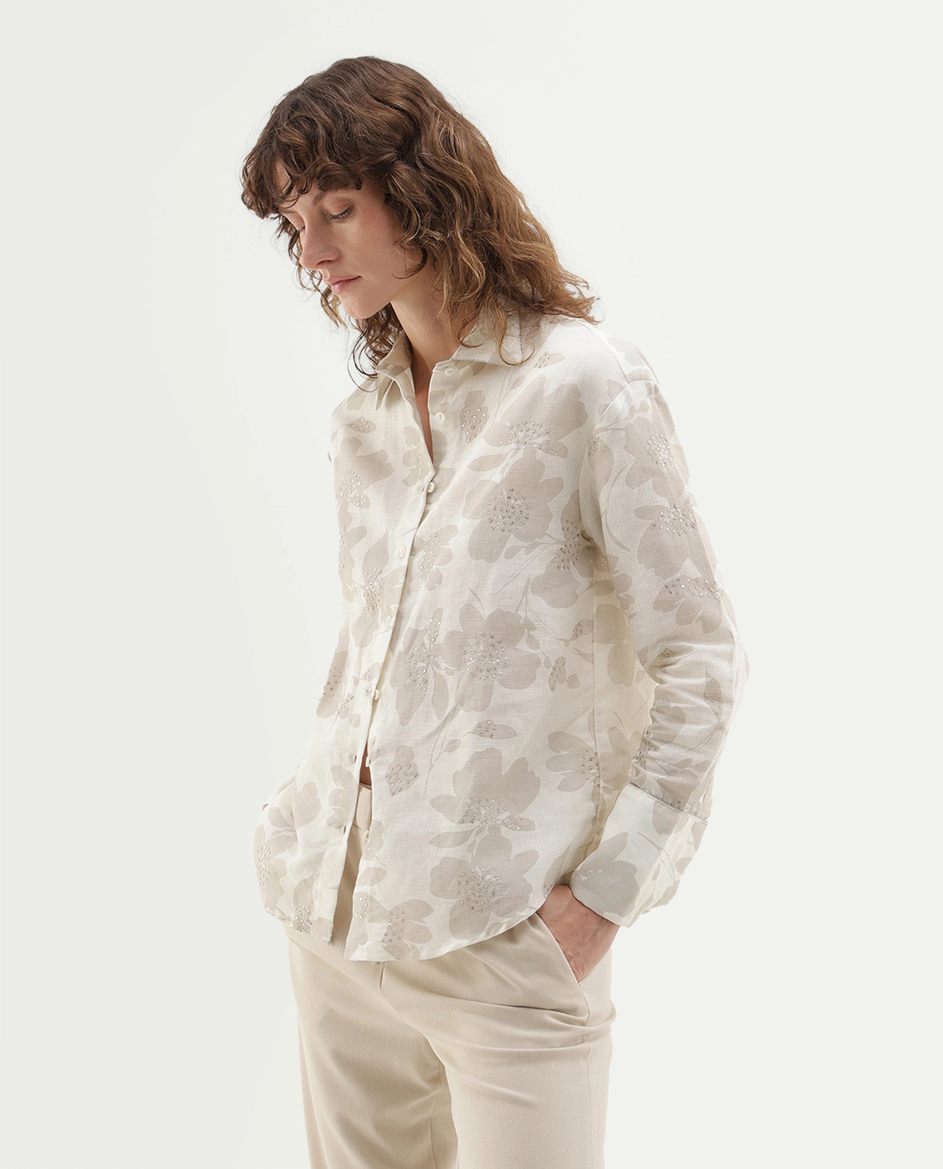 Rareism Women's Rubic Primary Beige Linen Blend Spread Collar Button Relaxed Floral Print Shirt