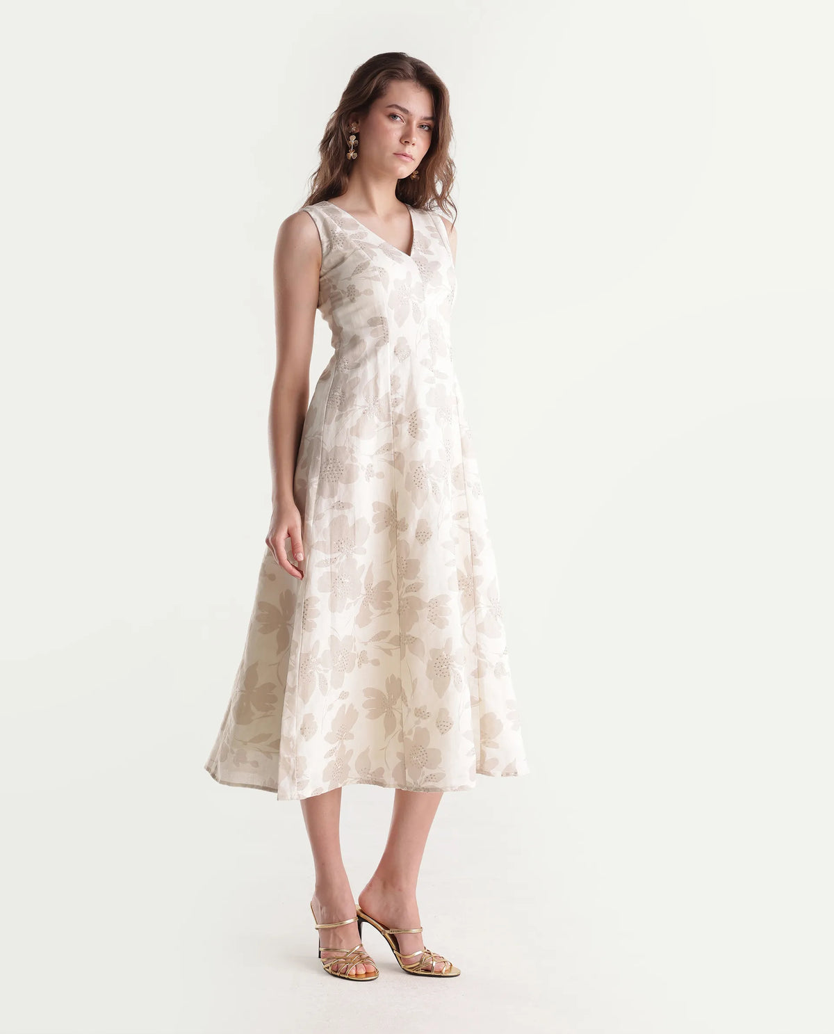 Rareism Women's Rubico Primary Beige Linen Blend V-Neck Zipper A-Line Floral Print Dress