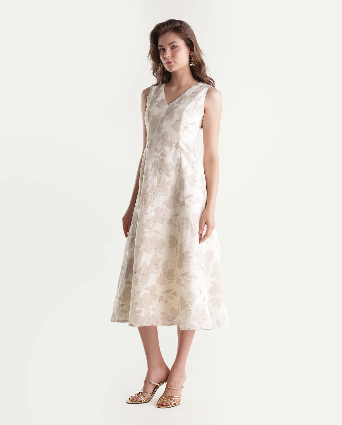 Rareism Women's Rubico Primary Beige Linen Blend V-Neck Zipper A-Line Floral Print Dress