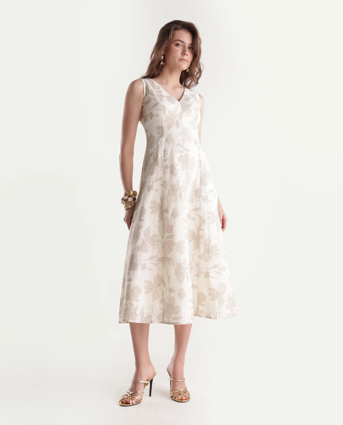 Rareism Women's Rubico Primary Beige Linen Blend V-Neck Zipper A-Line Floral Print Dress