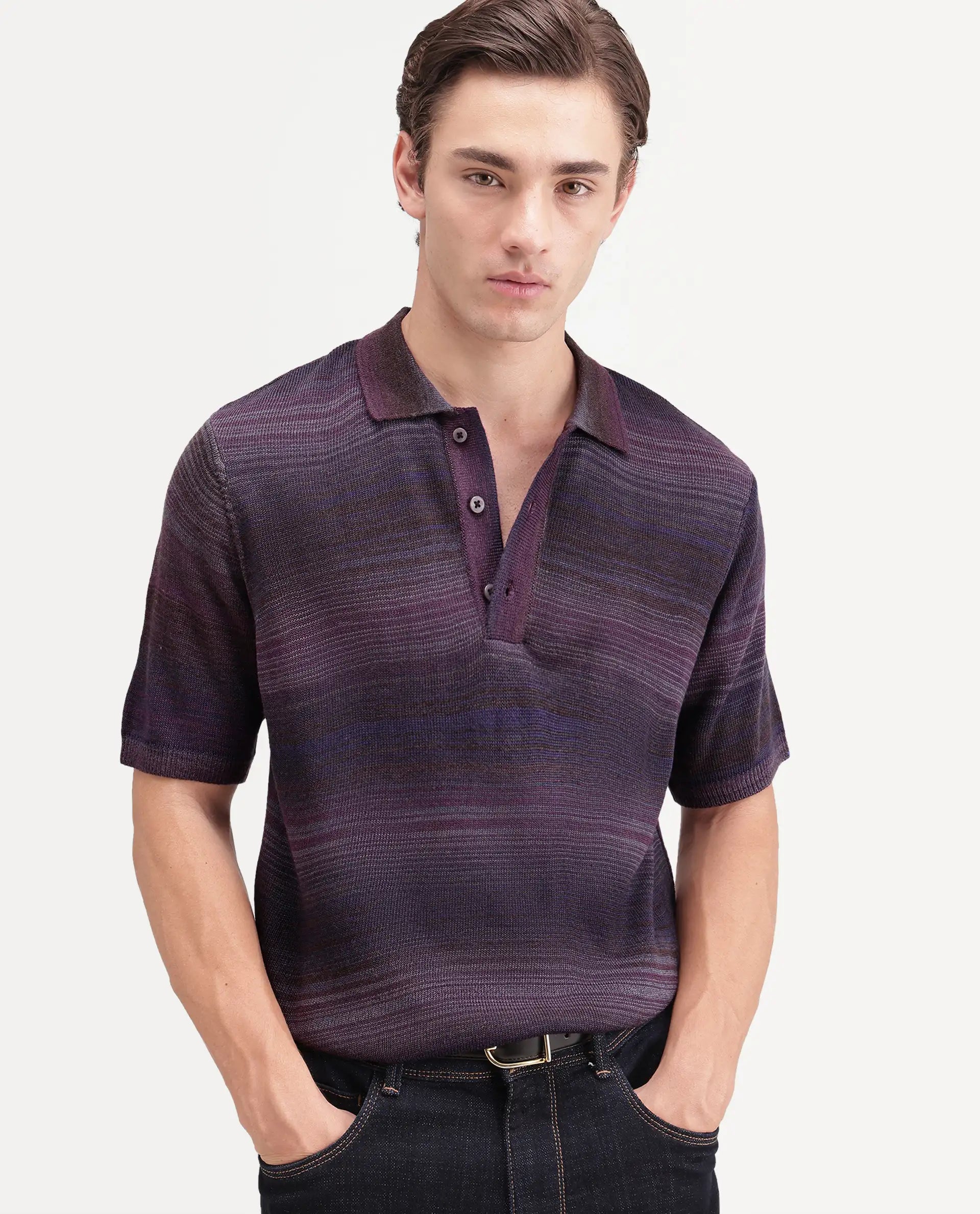 Rare Rabbit Men's Carto Dark Purple Acrylic Spread Collar Regular Jacquard Print Polo
