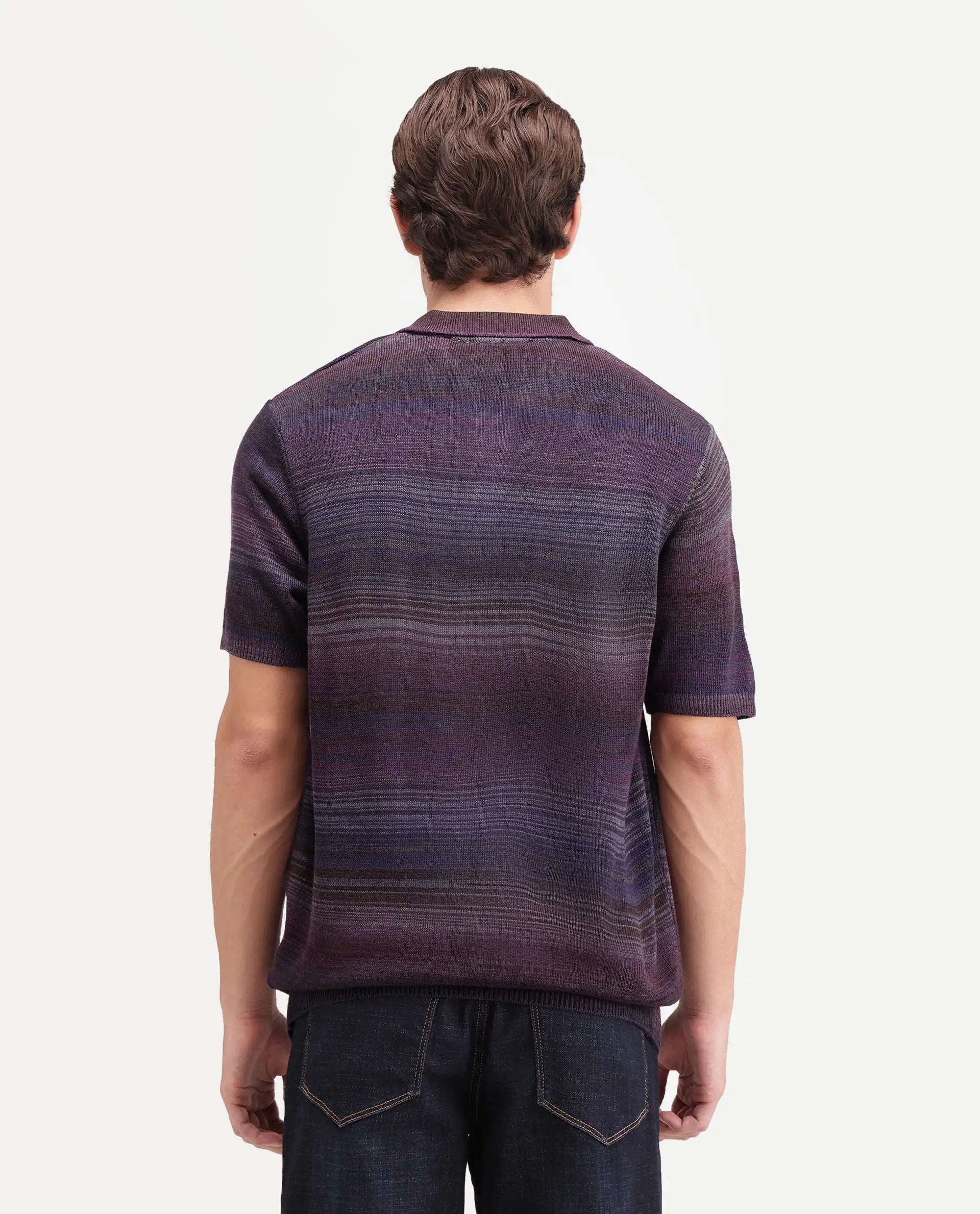 Rare Rabbit Men's Carto Dark Purple Acrylic Spread Collar Regular Jacquard Print Polo