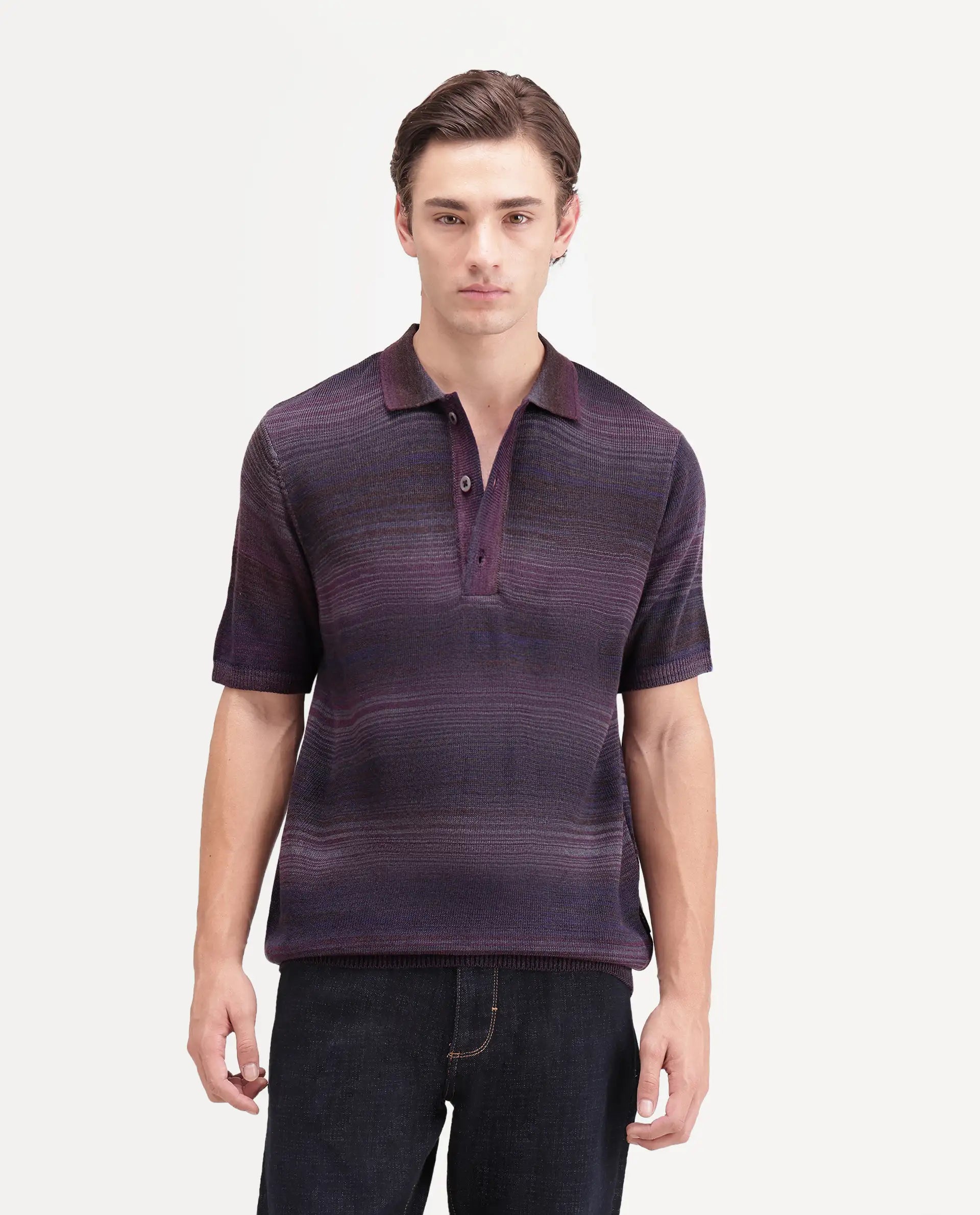 Rare Rabbit Men's Carto Dark Purple Acrylic Spread Collar Regular Jacquard Print Polo