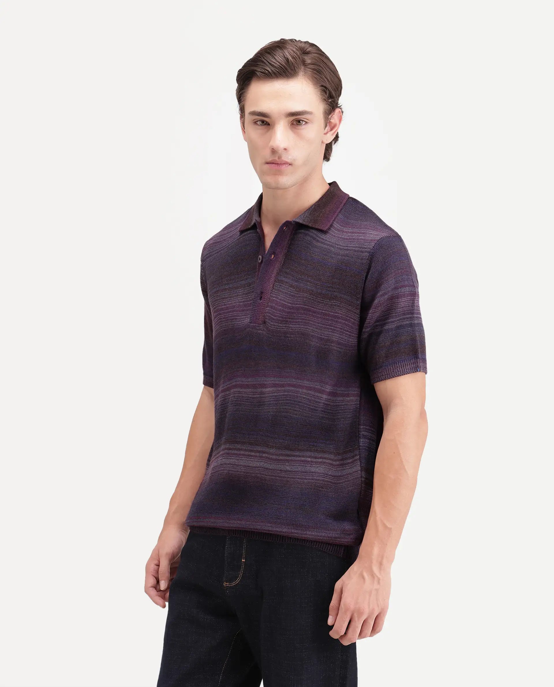 Rare Rabbit Men's Carto Dark Purple Acrylic Spread Collar Regular Jacquard Print Polo