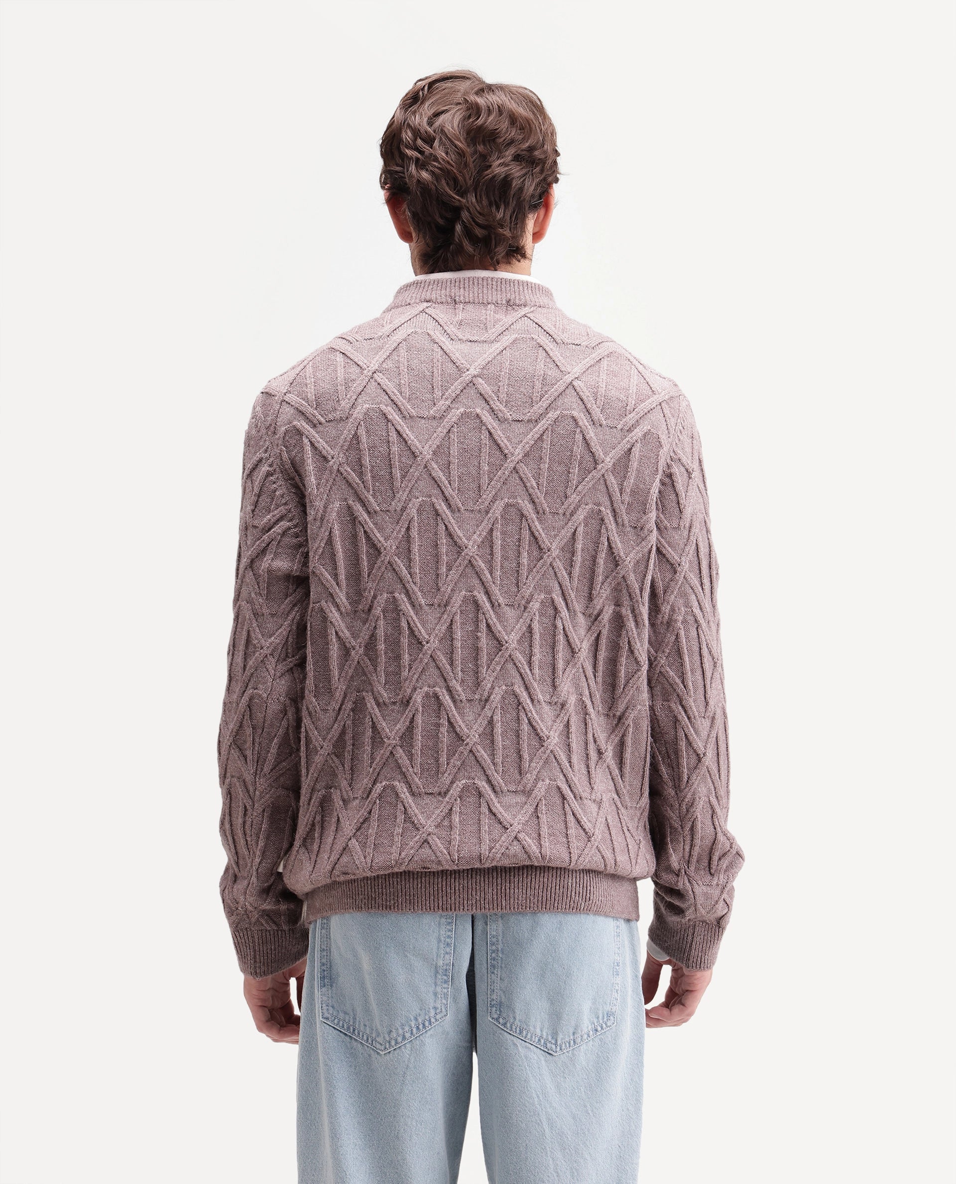 Rare Rabbit Men's Zayn Dusky Purple Acrylic Blend Crew Neck Regular Jacquard Print Sweater