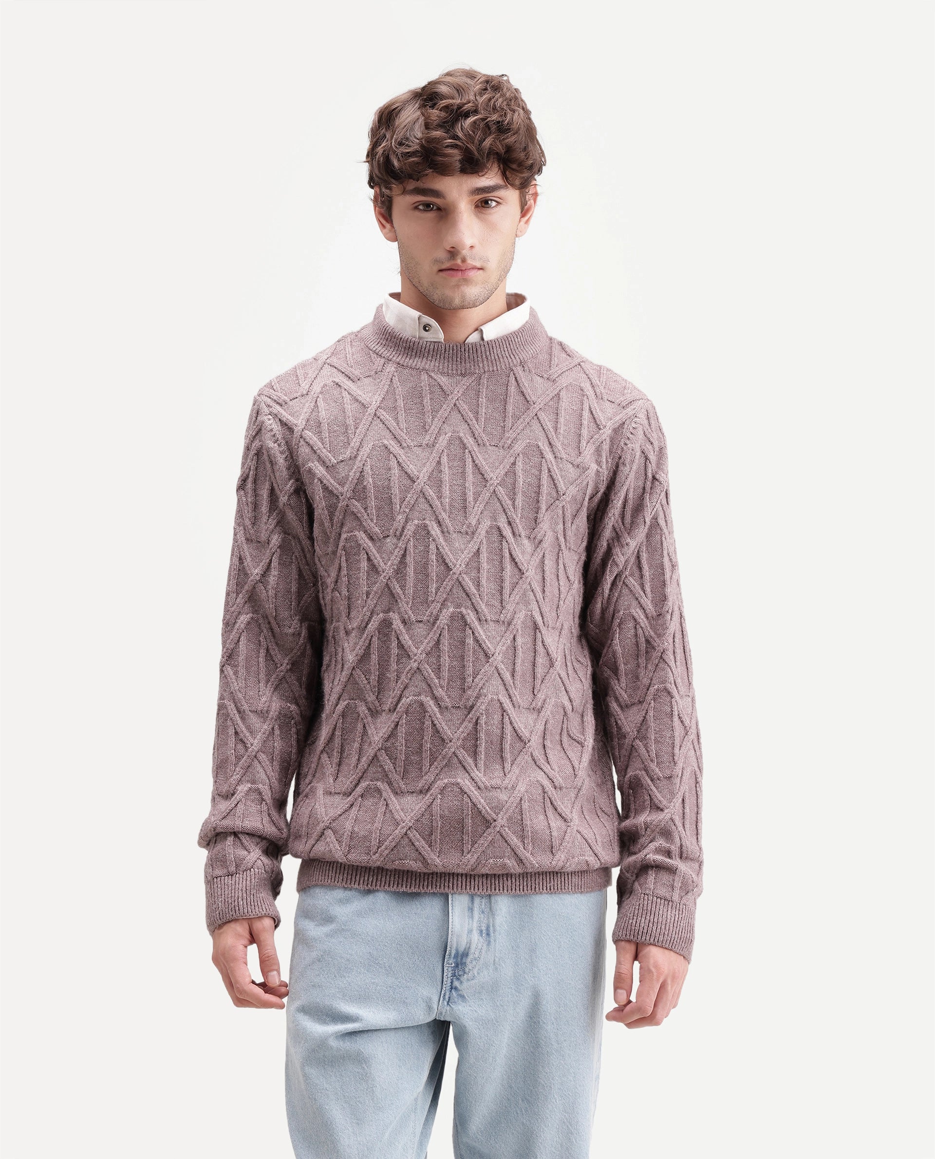 Rare Rabbit Men's Zayn Dusky Purple Acrylic Blend Crew Neck Regular Jacquard Print Sweater