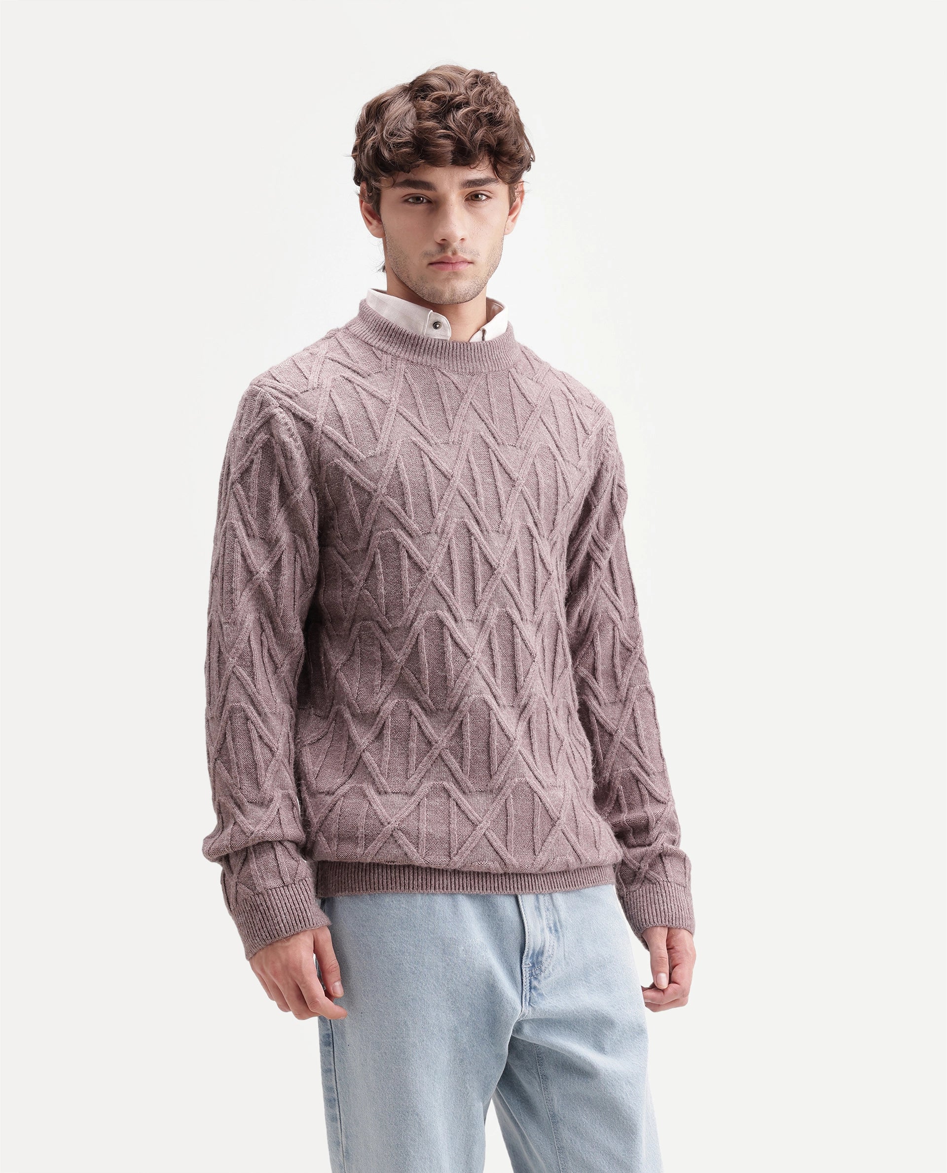 Rare Rabbit Men's Zayn Dusky Purple Acrylic Blend Crew Neck Regular Jacquard Print Sweater