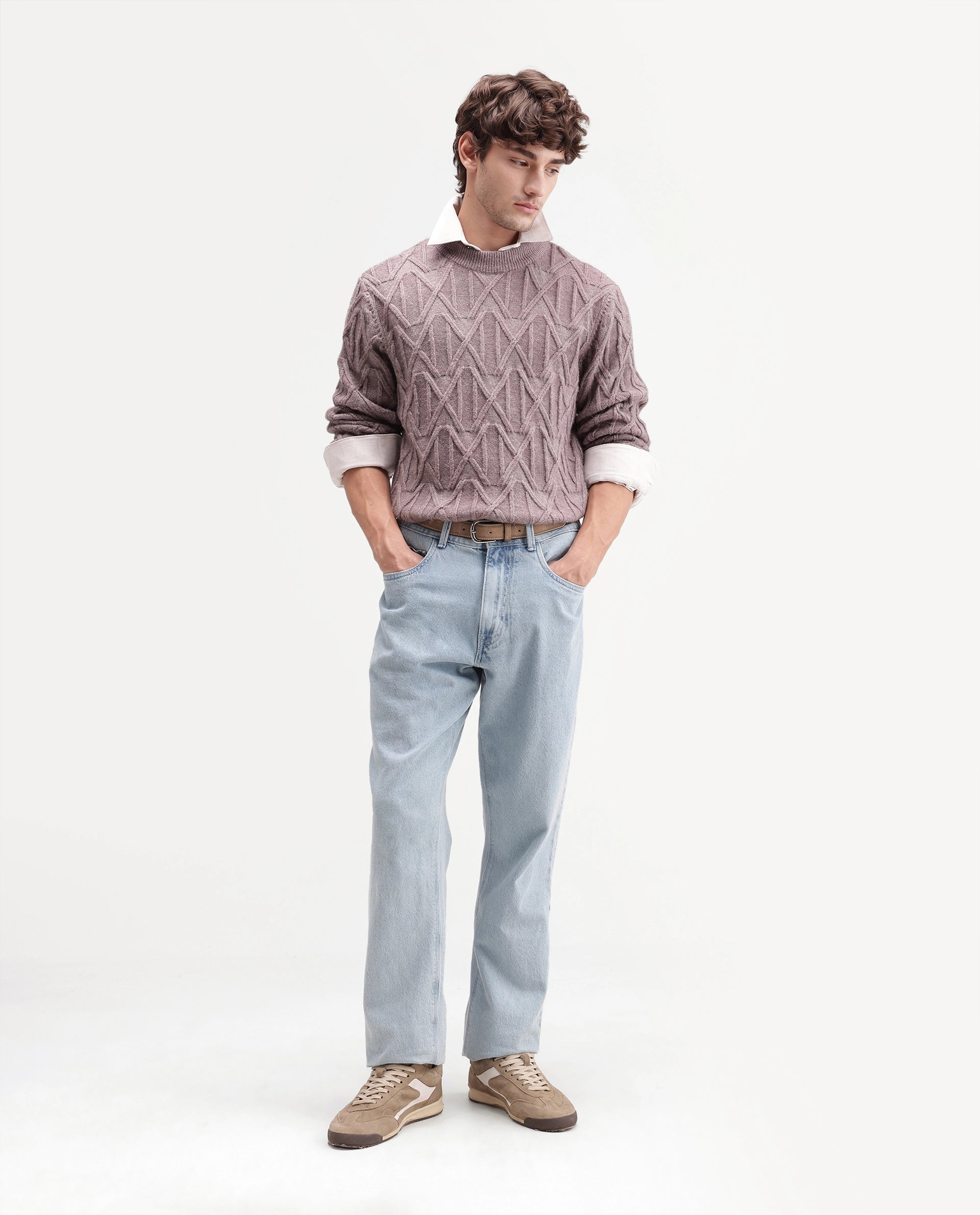 Rare Rabbit Men's Zayn Dusky Purple Acrylic Blend Crew Neck Regular Jacquard Print Sweater