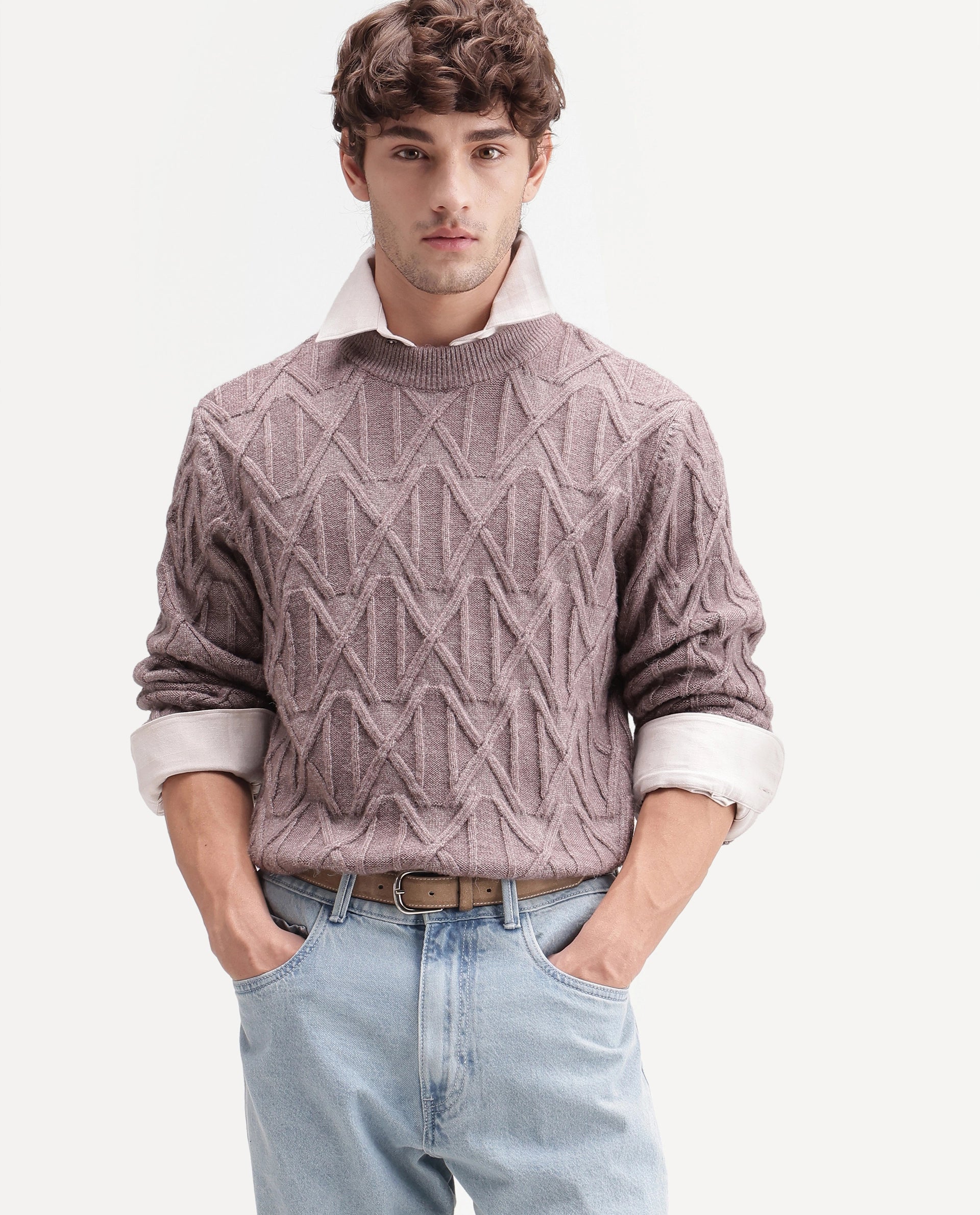 Rare Rabbit Men's Zayn Dusky Purple Acrylic Blend Crew Neck Regular Jacquard Print Sweater