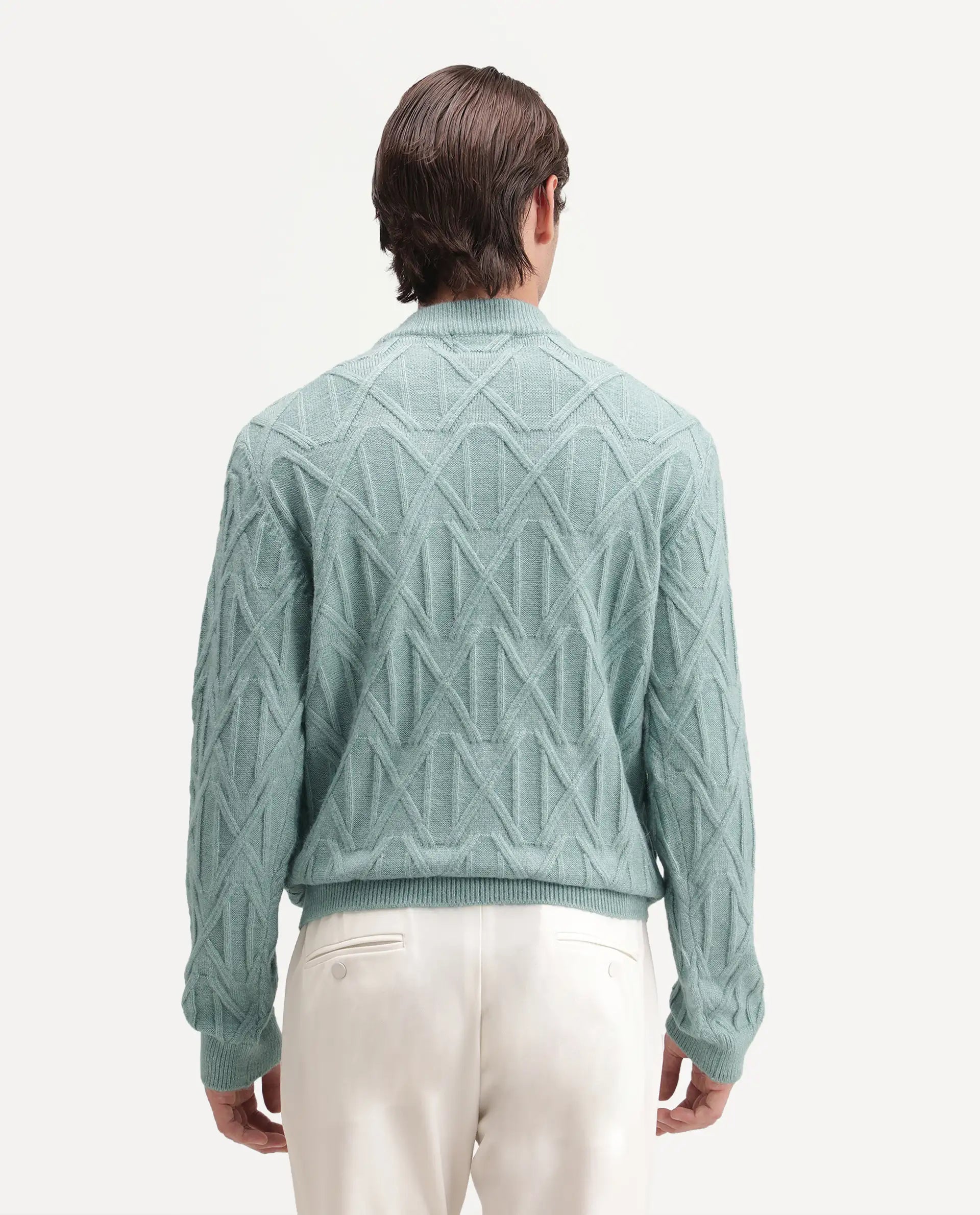 Rare Rabbit Men's Zayn Dusky Teal Acrylic Blend Crew Neck Regular Jacquard Sweater