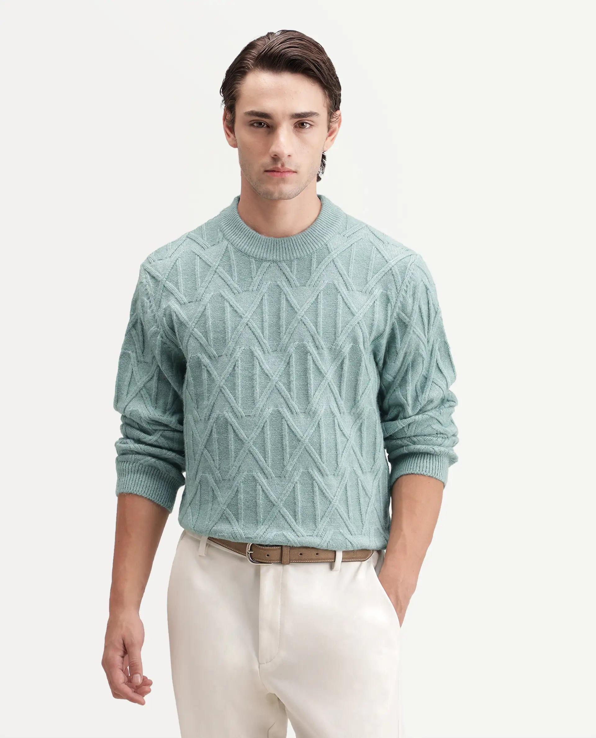 Rare Rabbit Men's Zayn Dusky Teal Acrylic Blend Crew Neck Regular Jacquard Sweater
