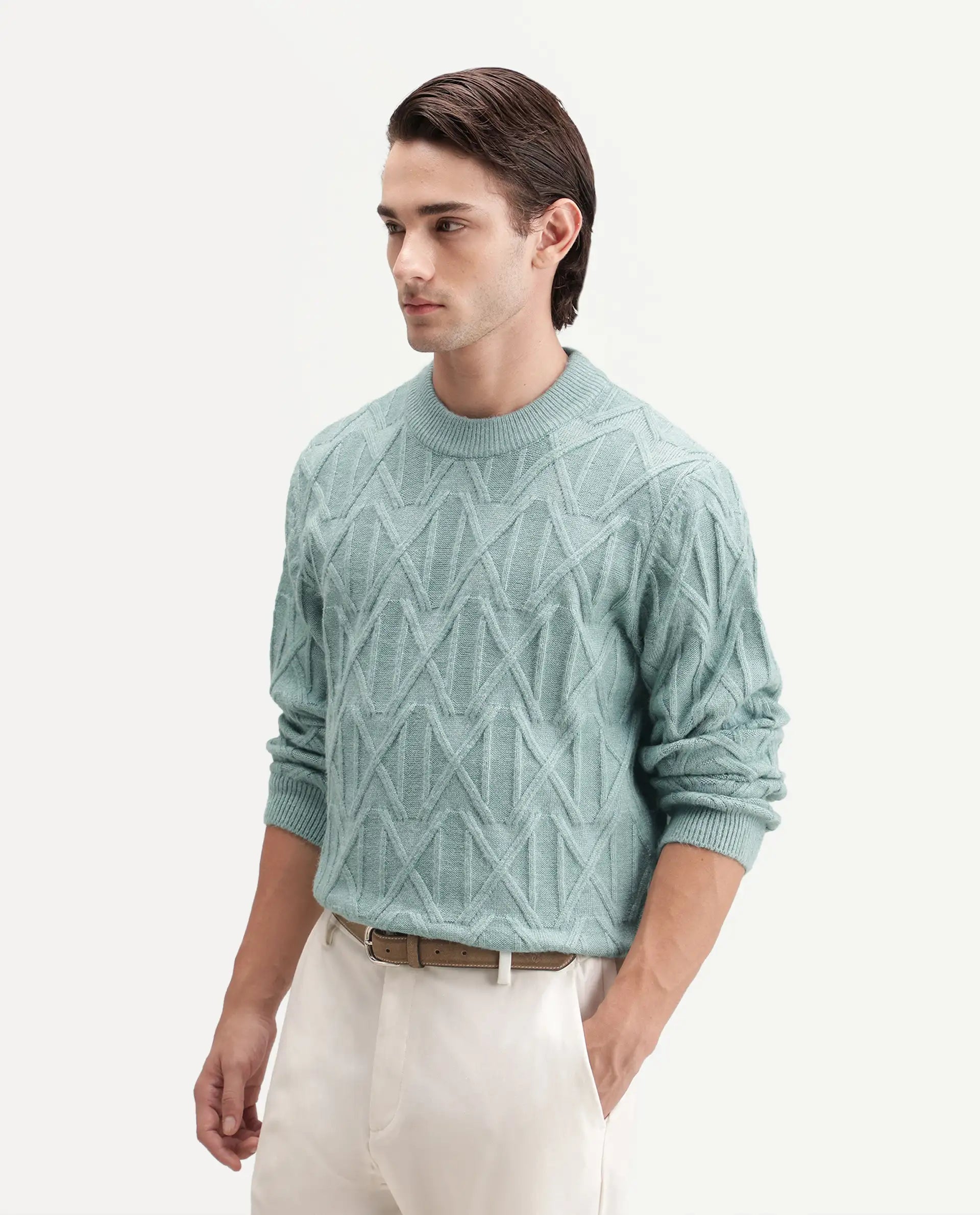 Rare Rabbit Men's Zayn Dusky Teal Acrylic Blend Crew Neck Regular Jacquard Sweater