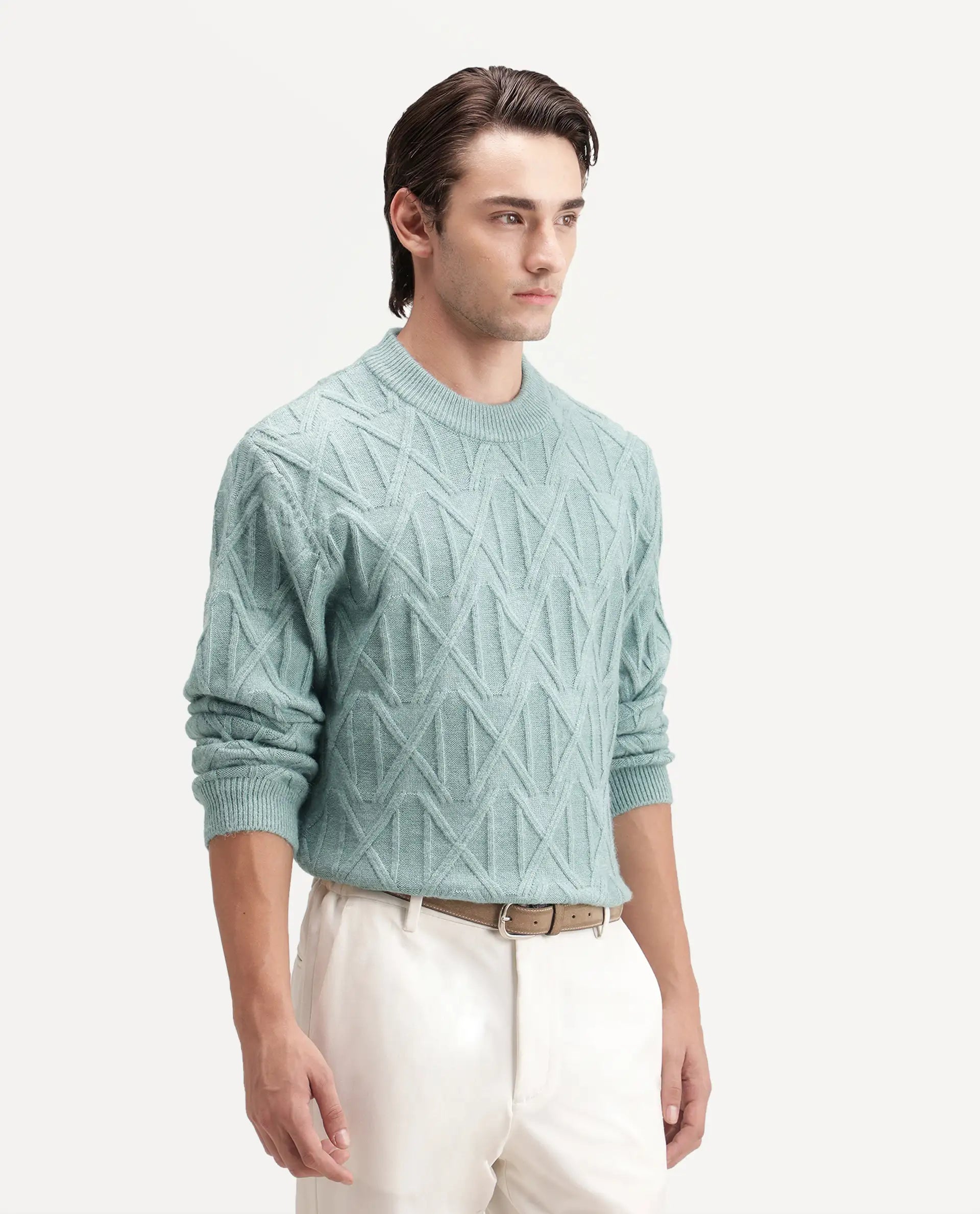 Rare Rabbit Men's Zayn Dusky Teal Acrylic Blend Crew Neck Regular Jacquard Sweater