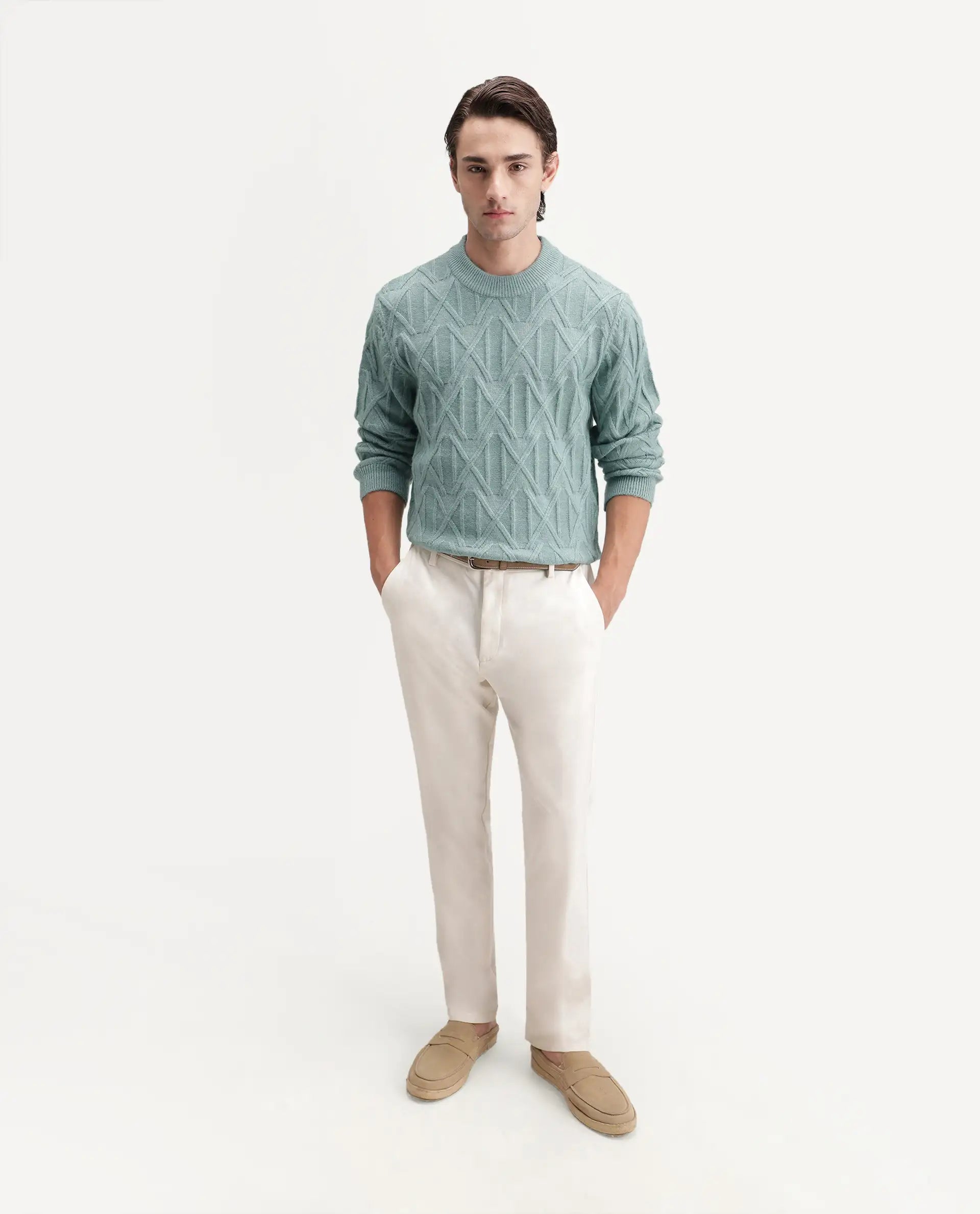Rare Rabbit Men's Zayn Dusky Teal Acrylic Blend Crew Neck Regular Jacquard Sweater