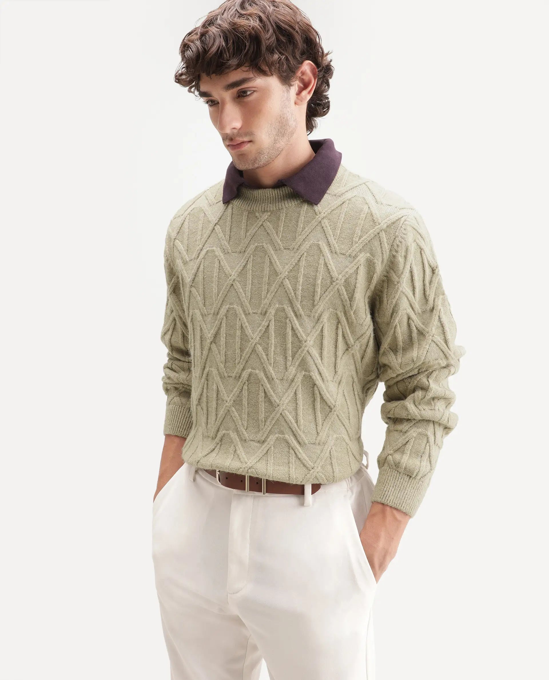 Rare Rabbit Men's Zayn Dusky Olive Acrylic Blend Crew Neck Regular Jacquard Print Sweater
