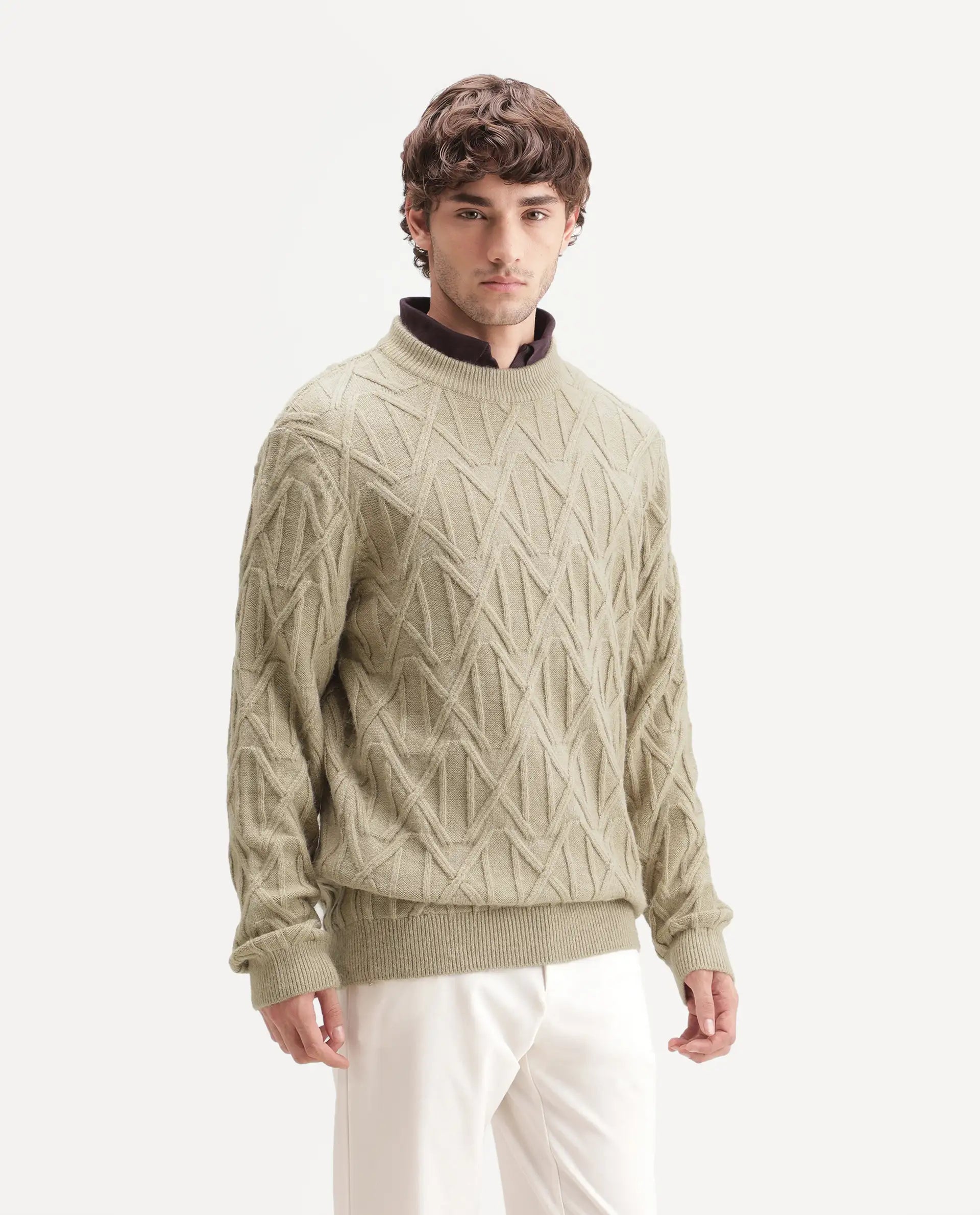 Rare Rabbit Men's Zayn Dusky Olive Acrylic Blend Crew Neck Regular Jacquard Print Sweater